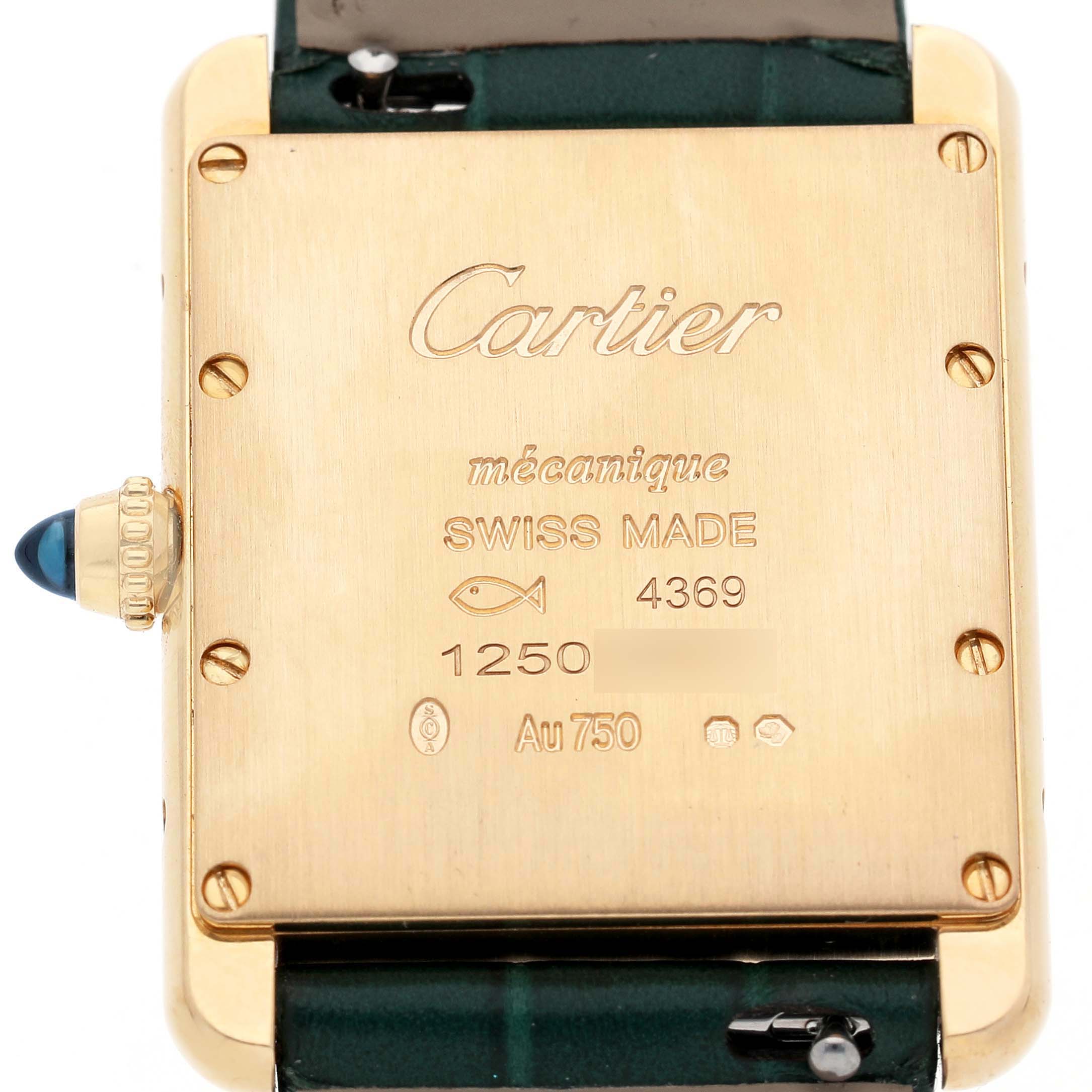 The image shows the back casing and crown detail of the Cartier Tank Louis WGTA0191 Men's Yellow Gold Green Dial watch, highlighting inscriptions and markings.