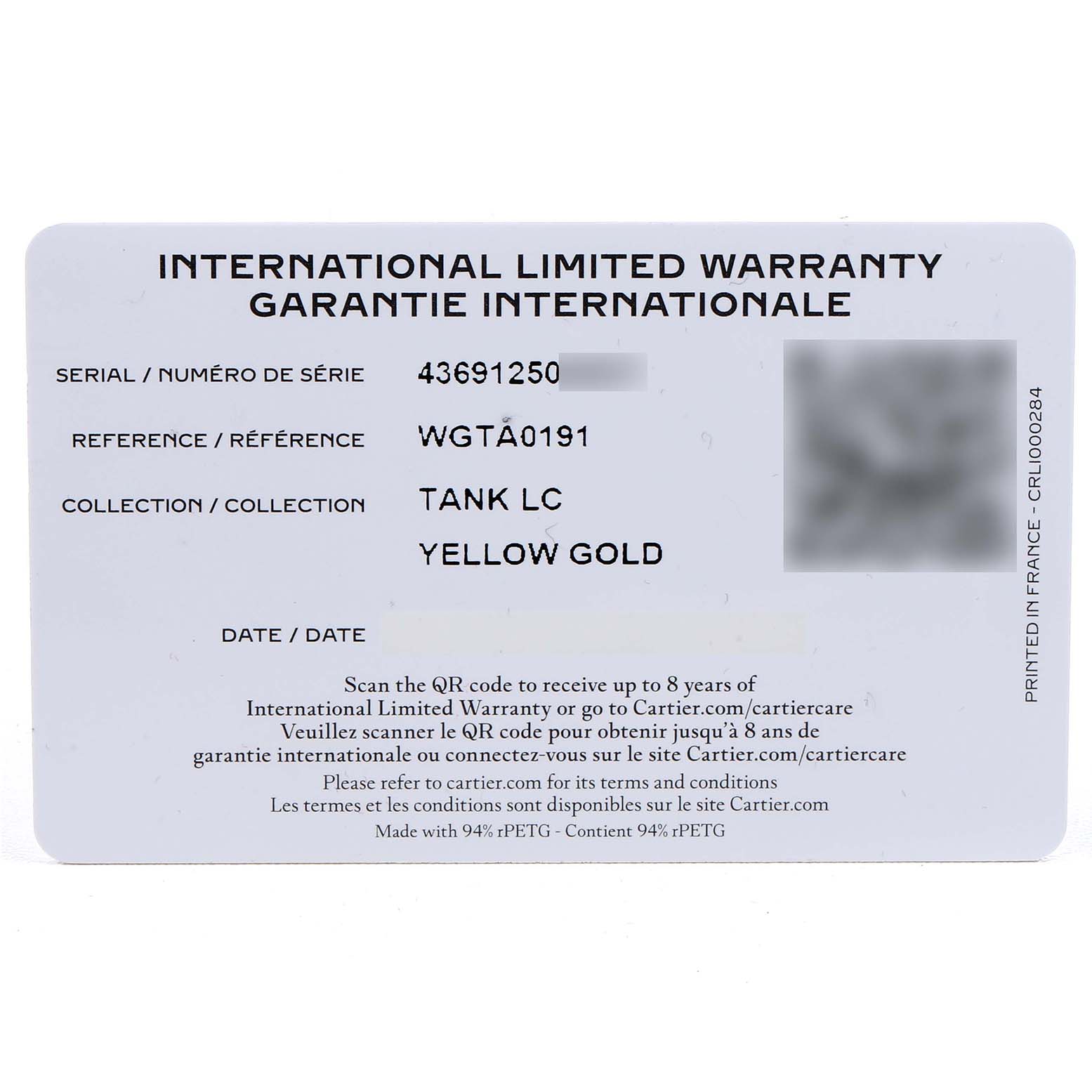 The image shows an international limited warranty card for the Cartier Tank Louis WGTA0191 Men's Yellow Gold Green Dial model, providing details like serial and reference numbers.