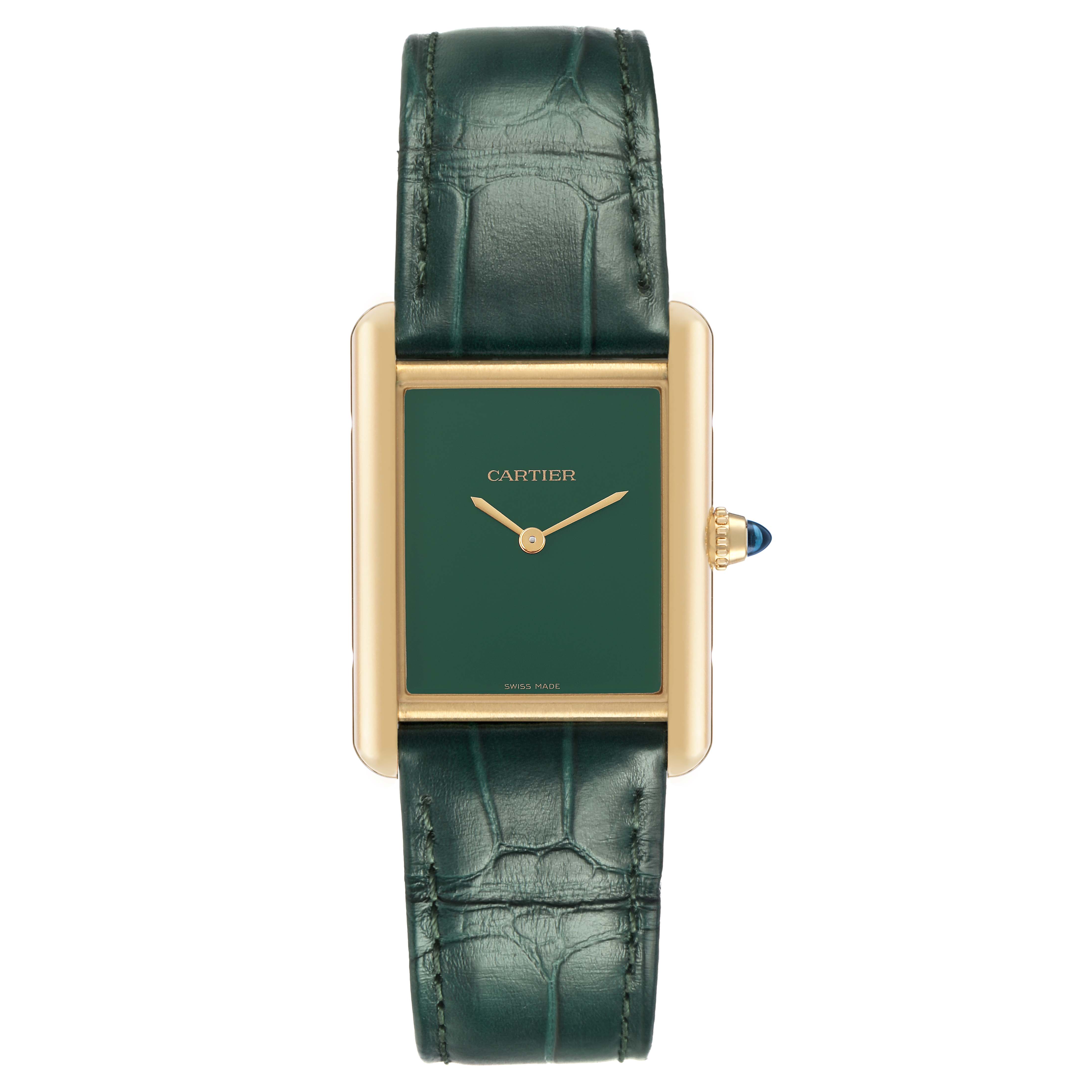 The Cartier Tank Louis WGTA0191 Men's Yellow Gold Green Dial watch is shown from a top view, highlighting its green dial, gold case, and matching green strap.