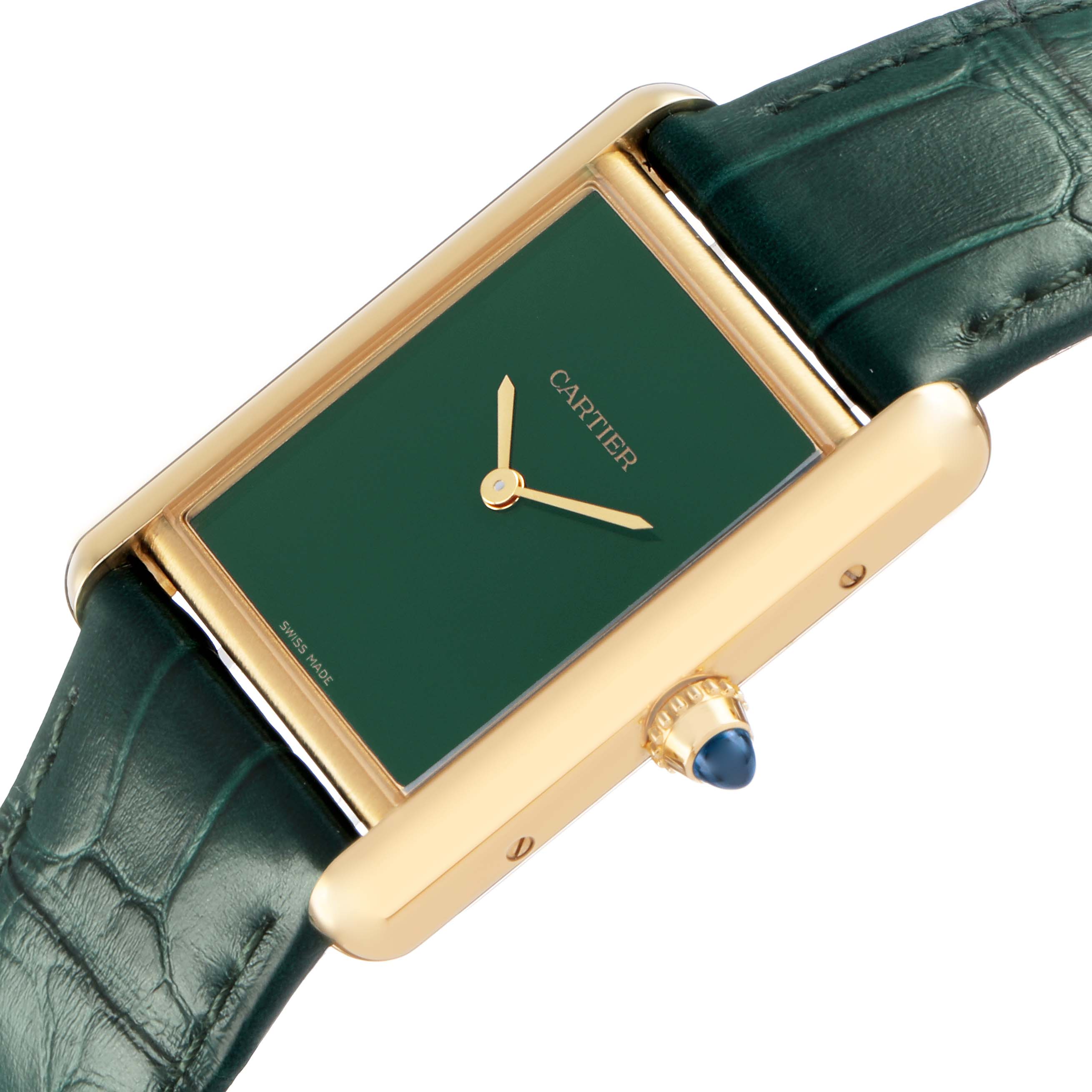 The Cartier Tank Louis WGTA0191 Men's Yellow Gold Green Dial watch is shown from a side angle, highlighting its rectangular face, gold casing, and green strap.