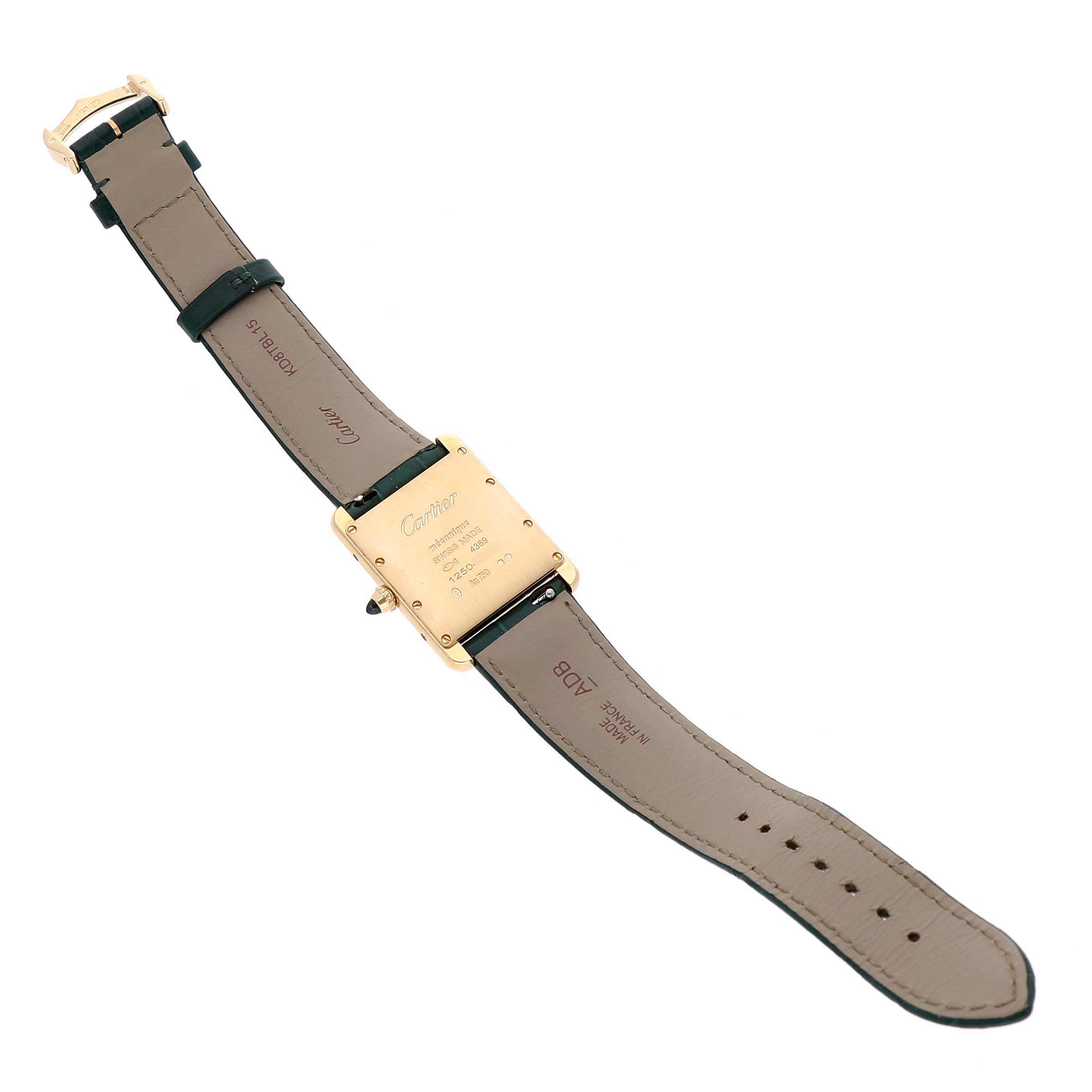 The image shows the back view of the Cartier Tank Louis WGTA0191 Men's Yellow Gold Green Dial watch, displaying its leather strap and engraved case back.