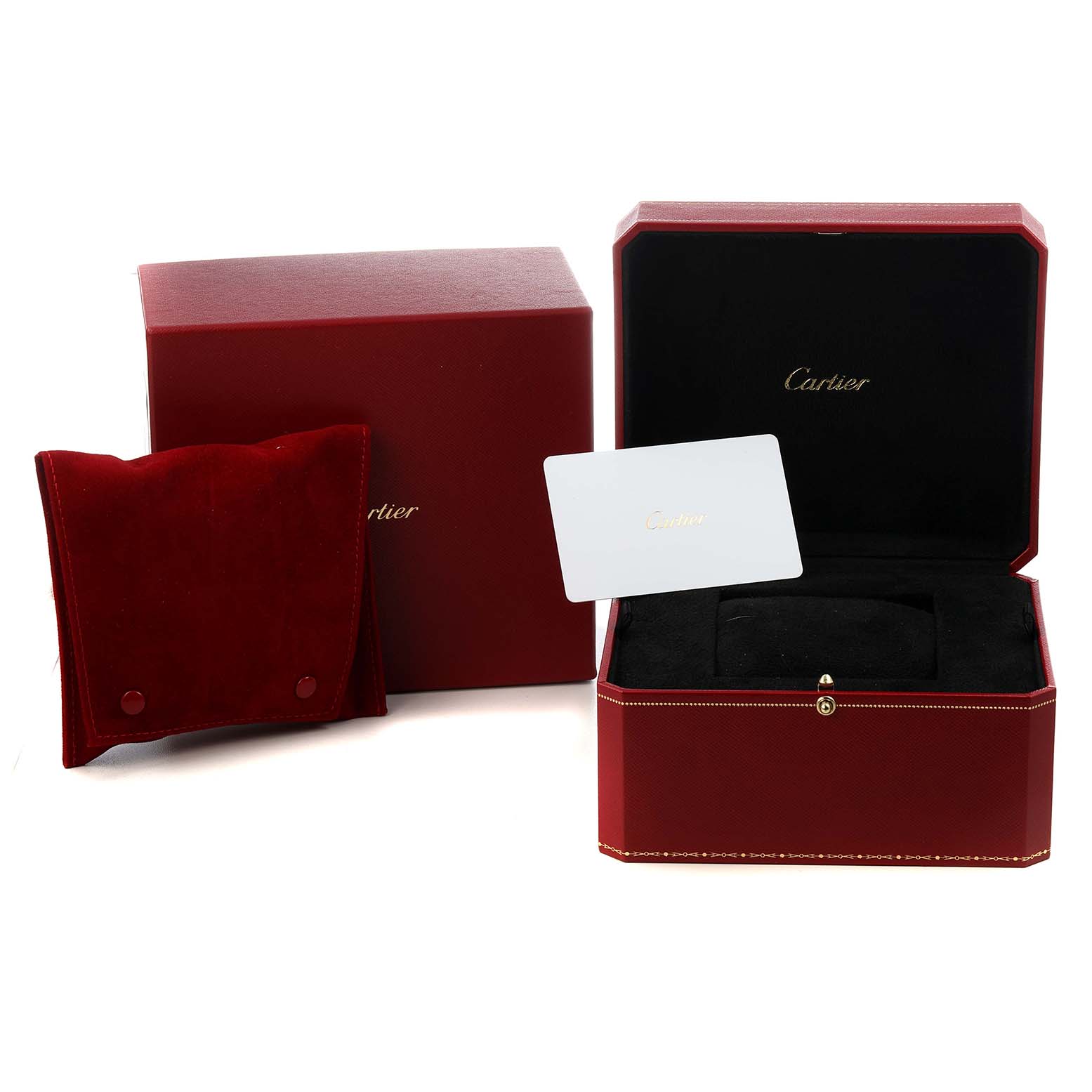 The image shows the Cartier Tank Louis WGTA0191 Men's Yellow Gold Green Dial watch accessories, including a box, pouch, and card, viewed from the front.