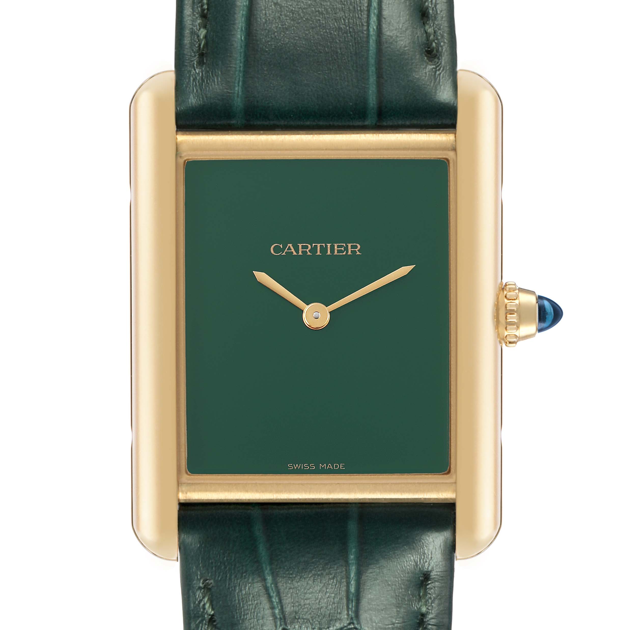 The image shows a Cartier Tank Louis WGTA0191 Men's Yellow Gold Green Dial watch from a front angle, highlighting the face, gold case, and leather strap.