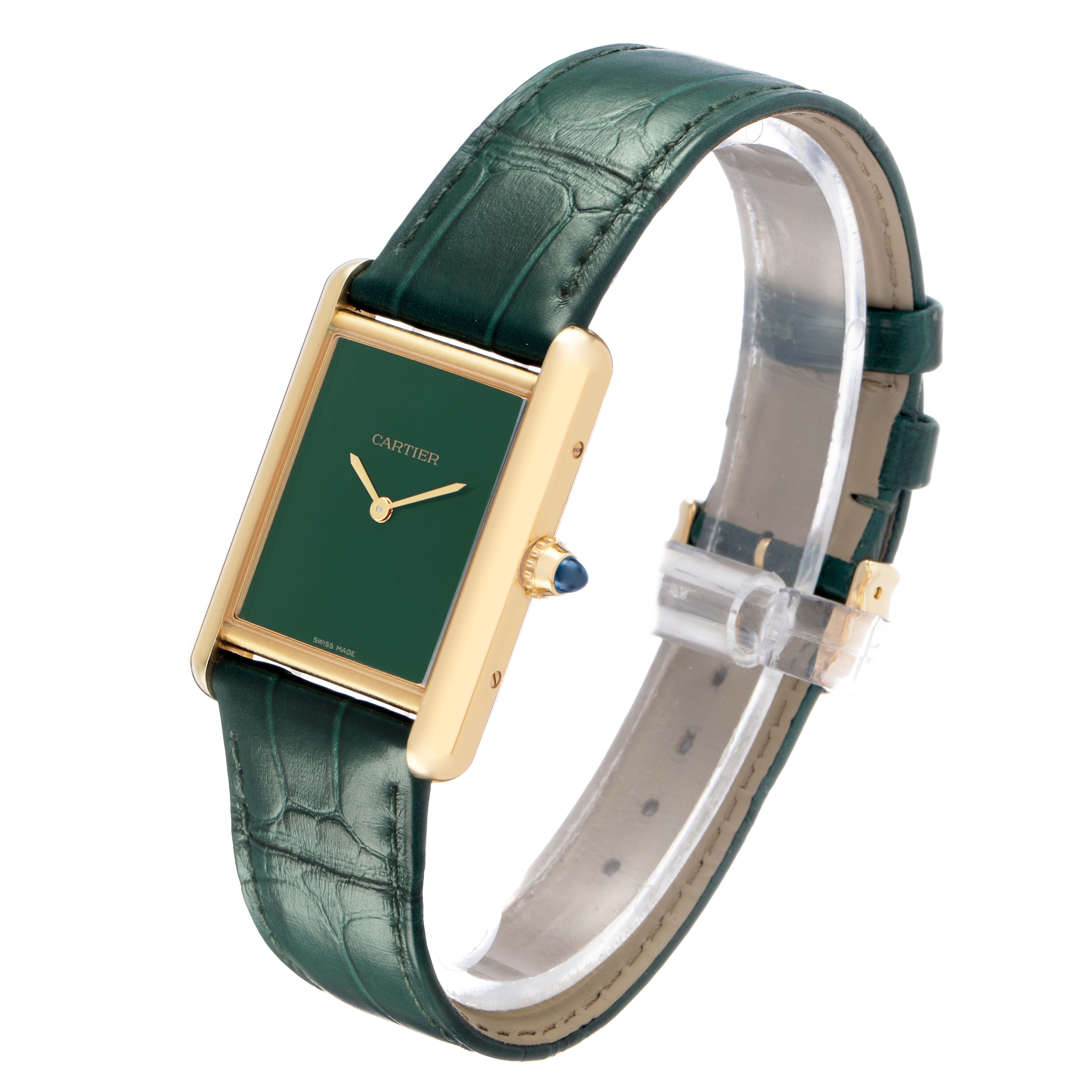The Cartier Tank Louis WGTA0191 Men's Yellow Gold Green Dial watch is shown at an angle highlighting the face, case, crown, and green leather strap.