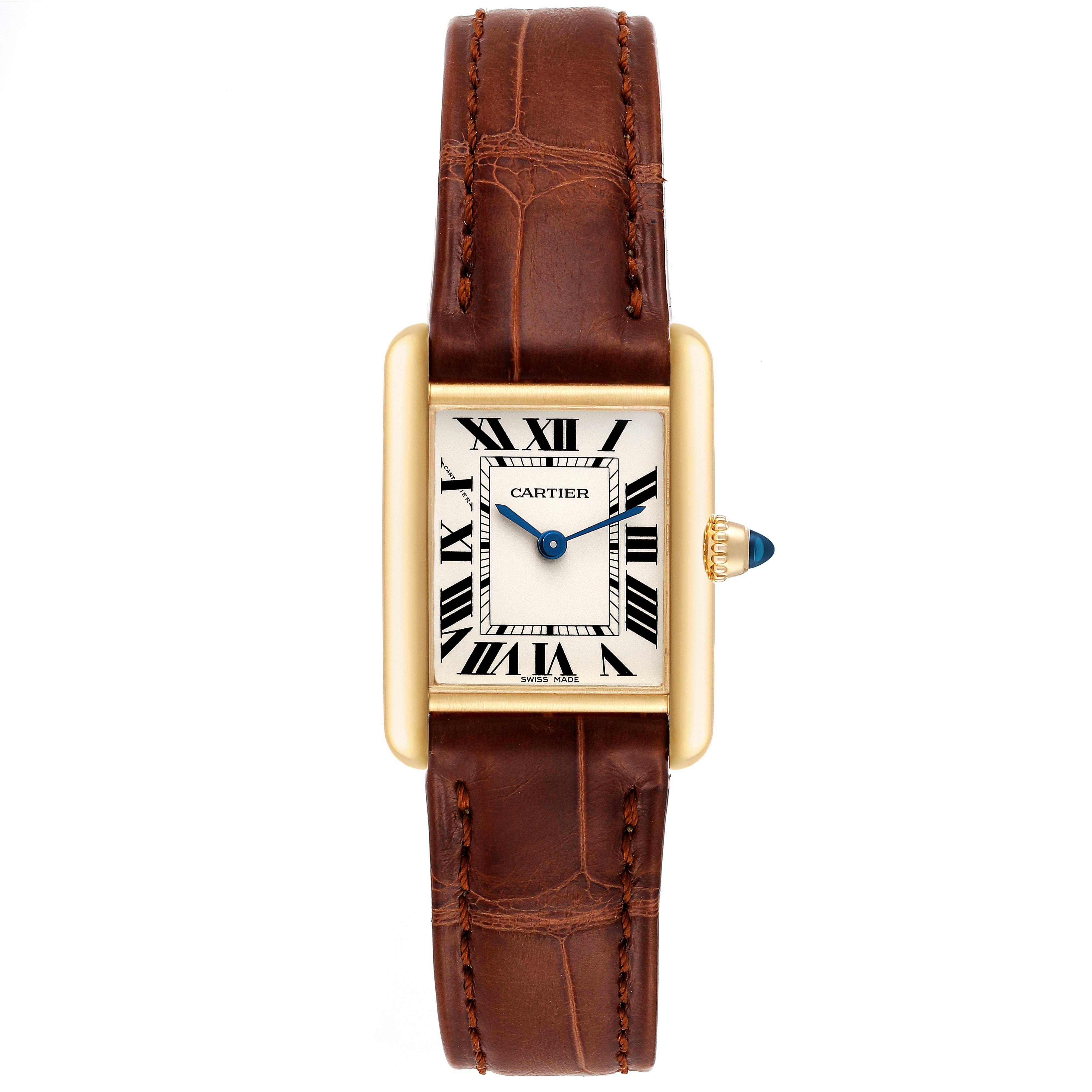 This image shows a front view of a Cartier Tank Louis W1529856 Women
s Yellow Gold Silver Dial W1529856 Women
s Yellow Gold Silver Dial watch, highlighting its brown leather strap and rectangular gold case.