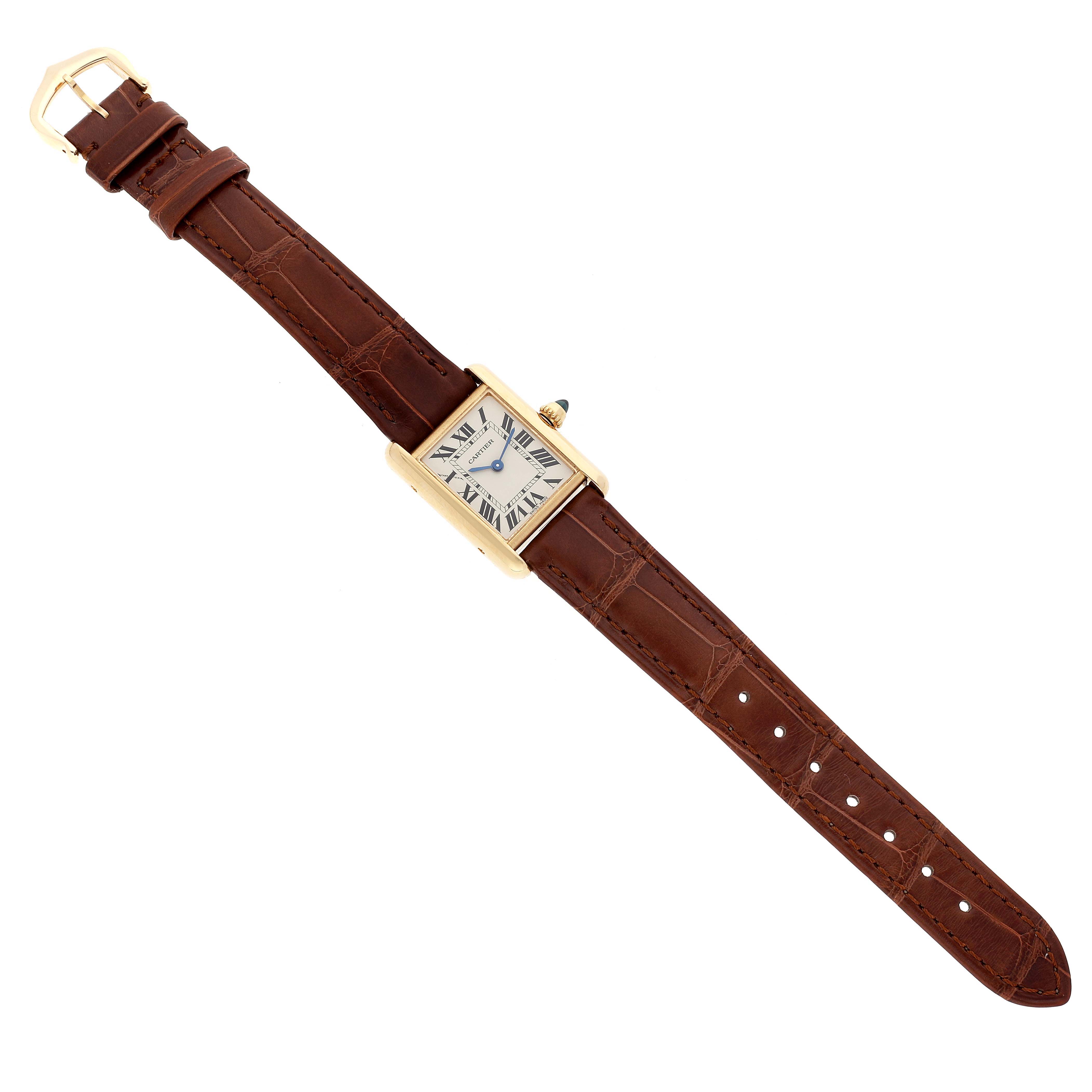 The image shows a full frontal view of the Tank Louis Cartier watch with a brown leather strap and gold case.