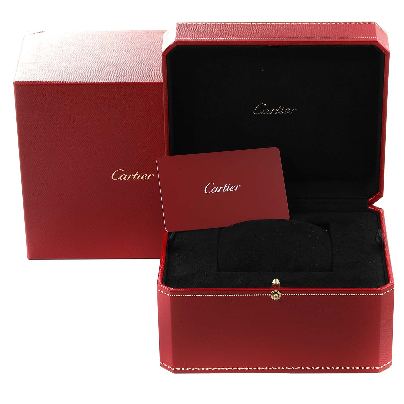 The image shows a Cartier Tank Louis W1529856 Women
s Yellow Gold Silver Dial W1529856 Women
s Yellow Gold Silver Dial watch box set, with an open red box and possibly a warranty card.