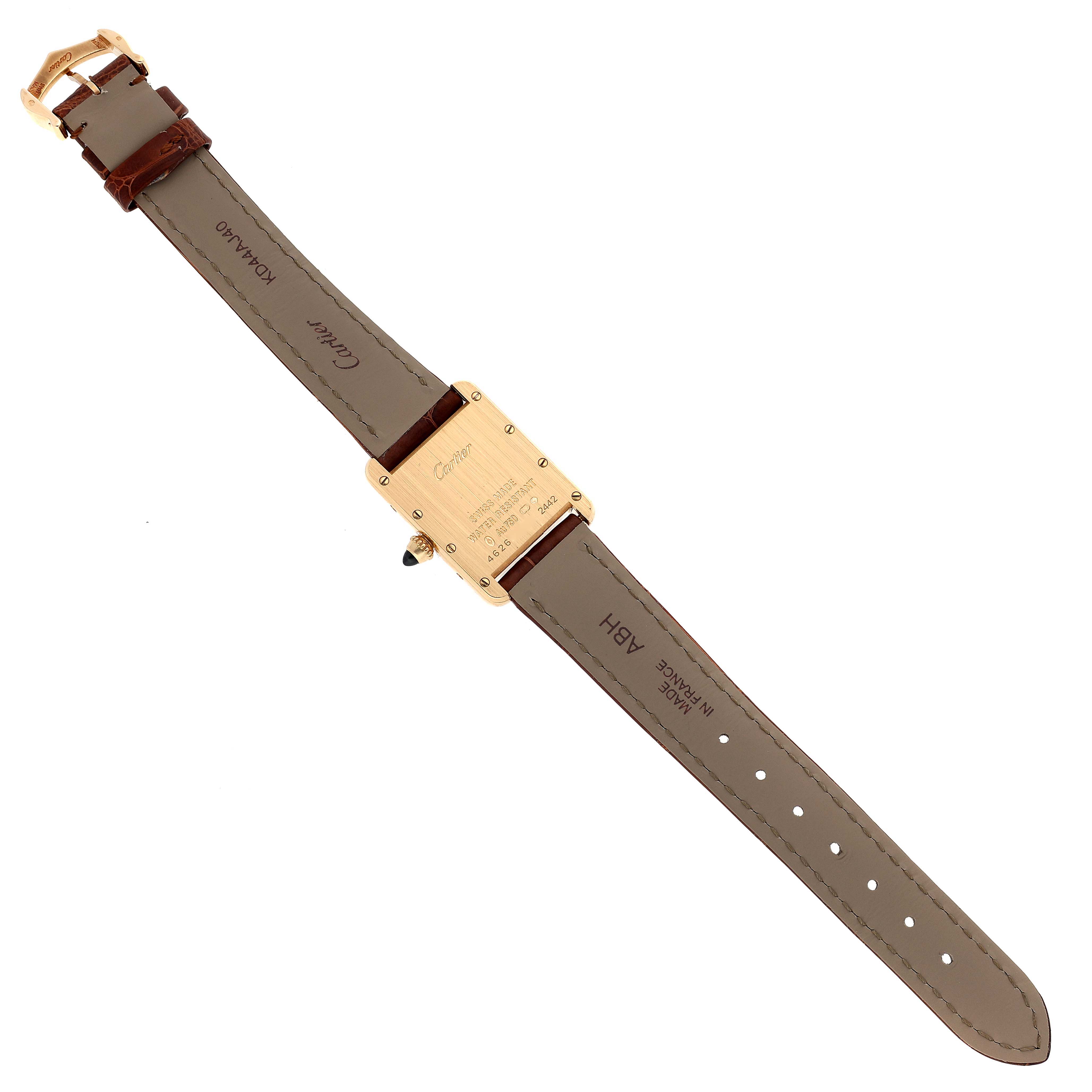 The image shows the back view of a Cartier Tank Louis W1529856 Women
s Yellow Gold Silver Dial W1529856 Women
s Yellow Gold Silver Dial watch, detailing its buckle and leather strap.