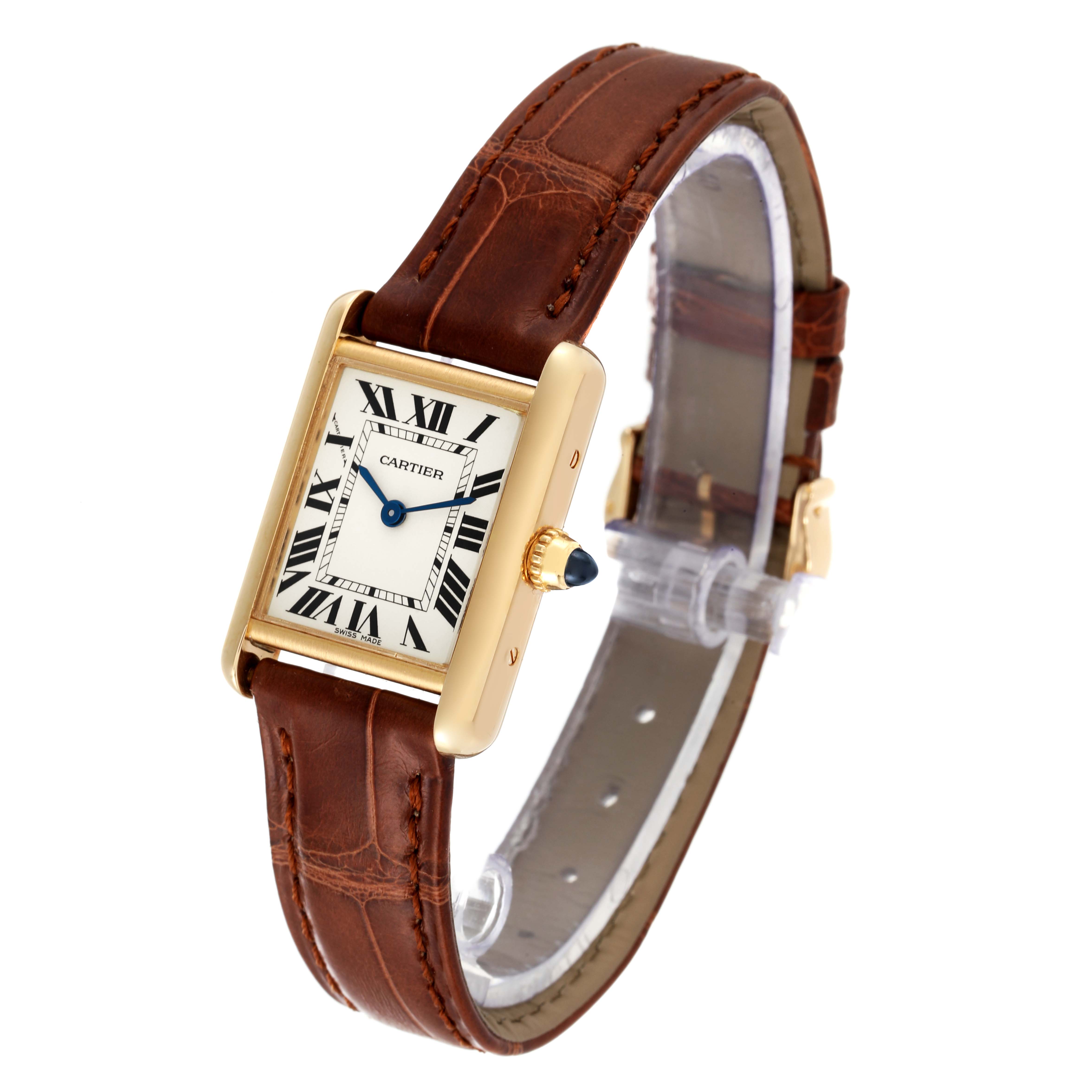 This image shows a Cartier Tank Louis W1529856 Women
s Yellow Gold Silver Dial W1529856 Women
s Yellow Gold Silver Dial watch at an angle, displaying its face, crown, and leather strap.