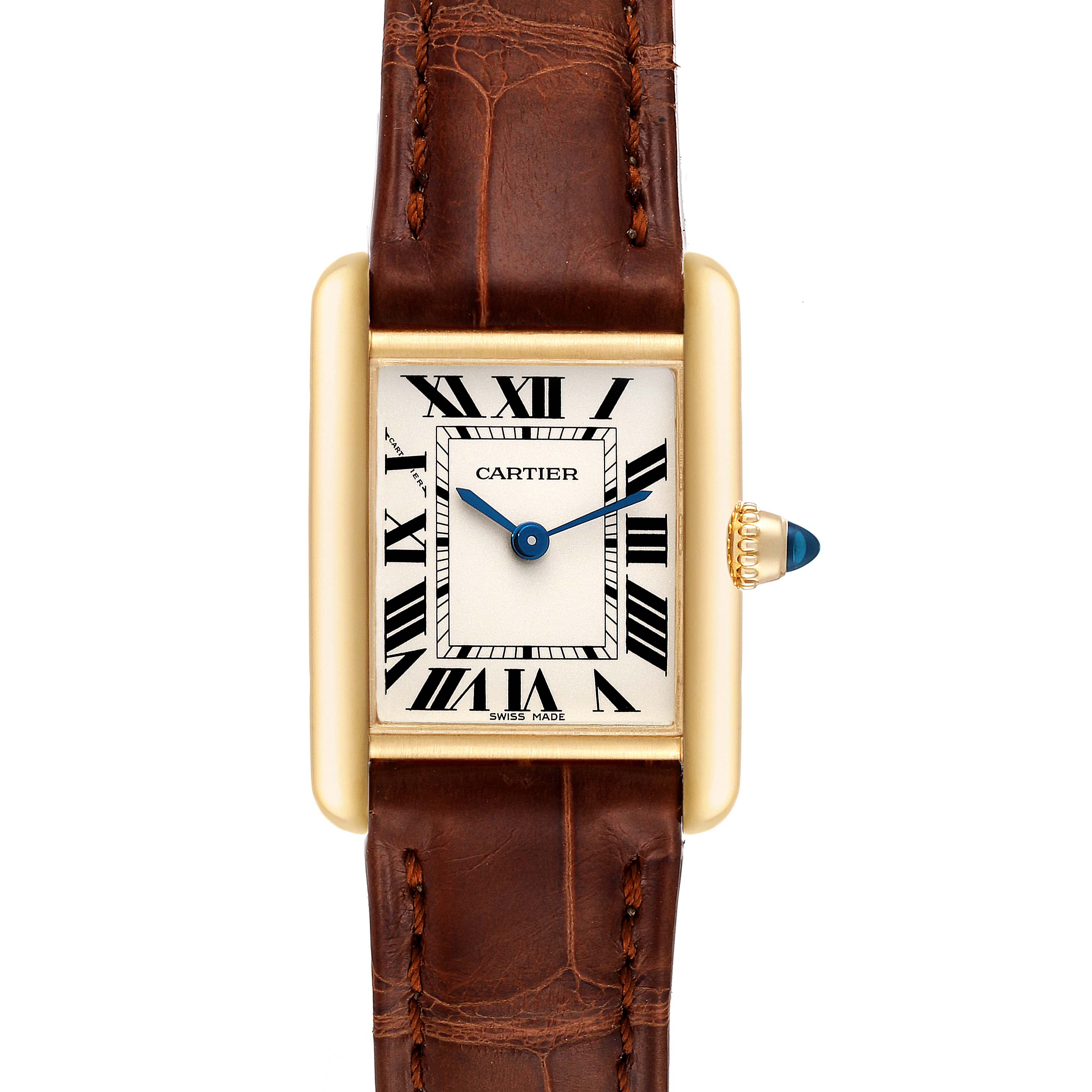 The image shows a front view of a Cartier Tank Louis W1529856 Women
s Yellow Gold Silver Dial W1529856 Women
s Yellow Gold Silver Dial watch displaying the face, bezel, and leather strap.