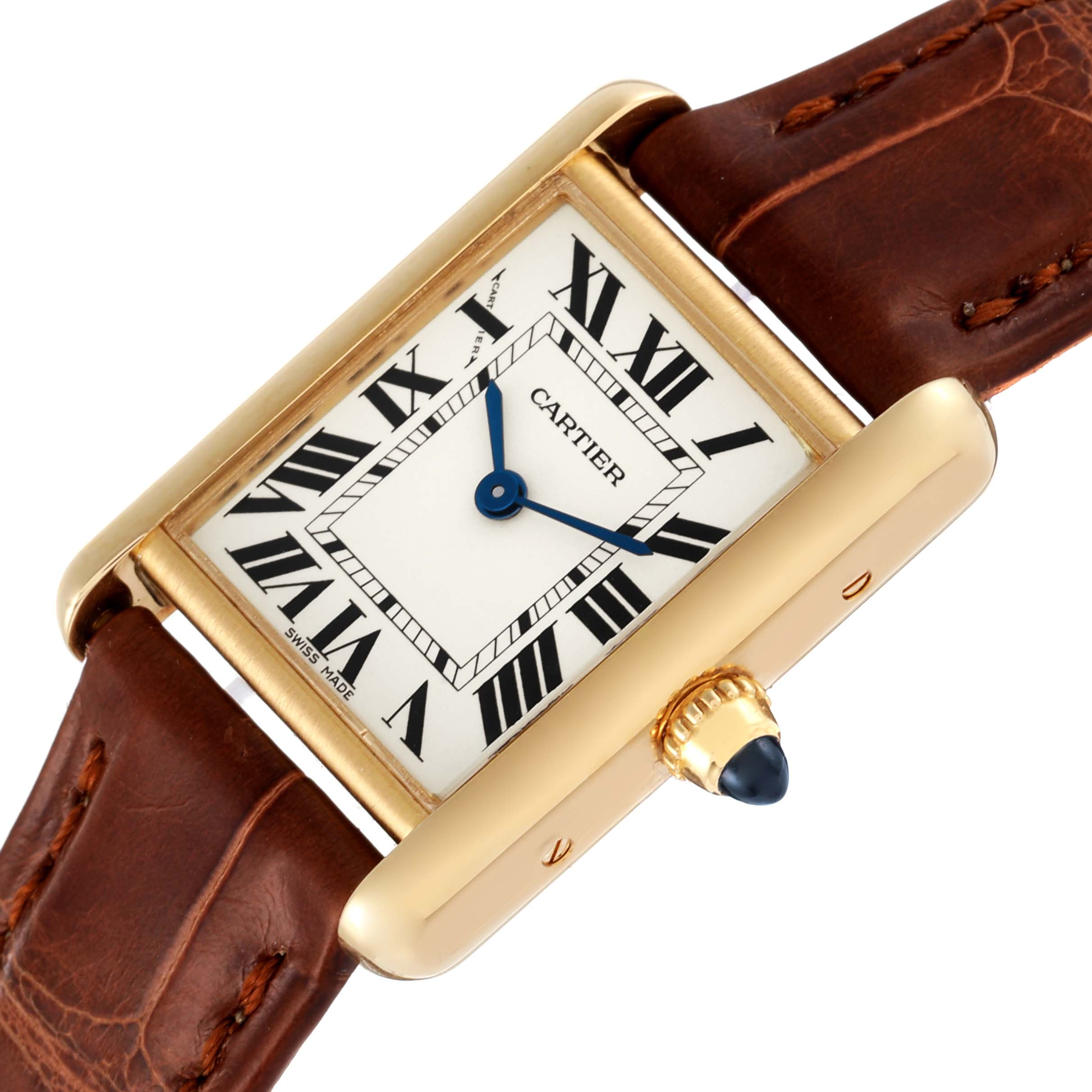 This image shows a close-up angled view of a Cartier Tank Louis W1529856 Women
s Yellow Gold Silver Dial W1529856 Women
s Yellow Gold Silver Dial watch, highlighting the watch face, crown, and leather strap.