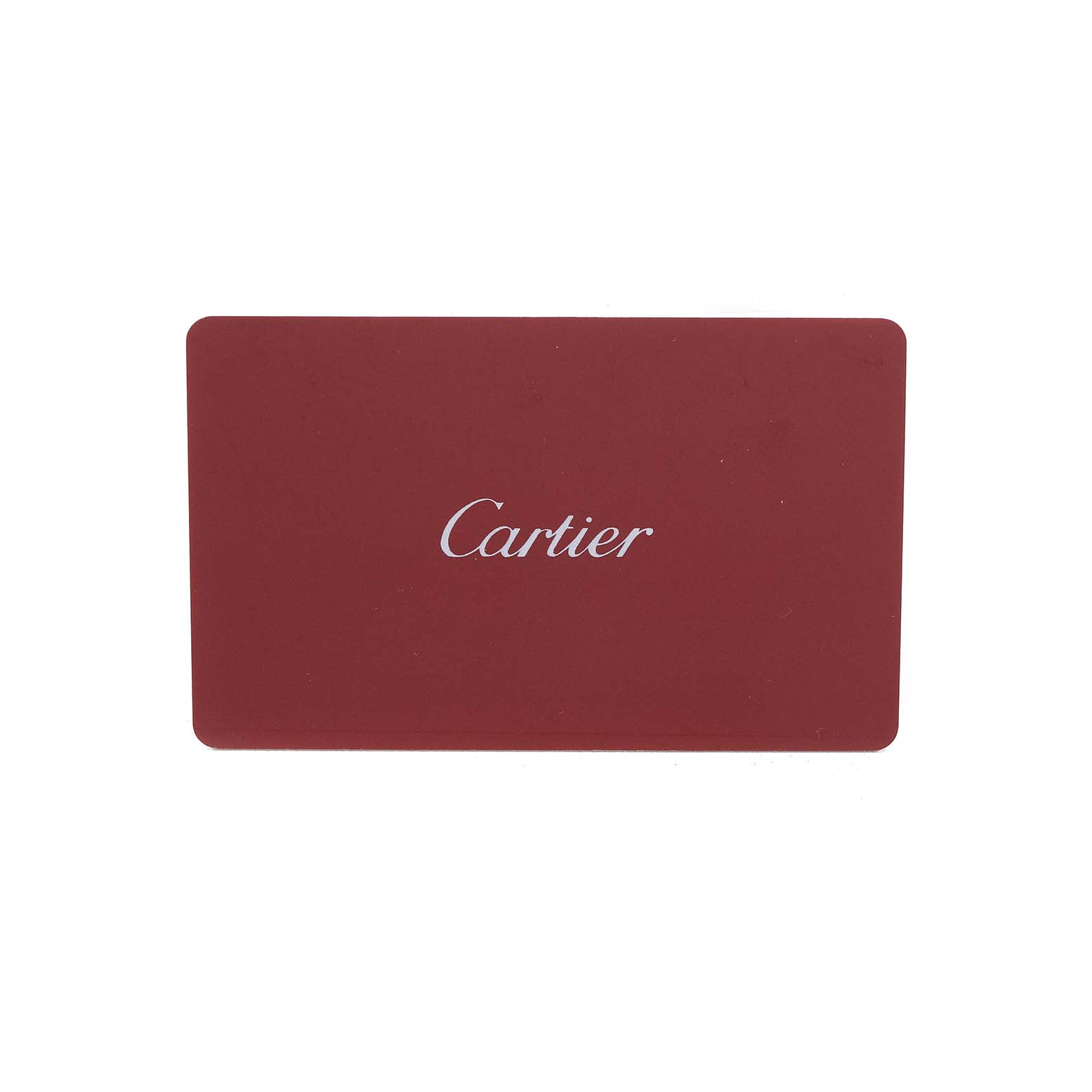 The image shows a red Cartier card, likely an accessory for the Cartier Tank Louis W1529856 Women's Yellow Gold Silver Dial watch model.