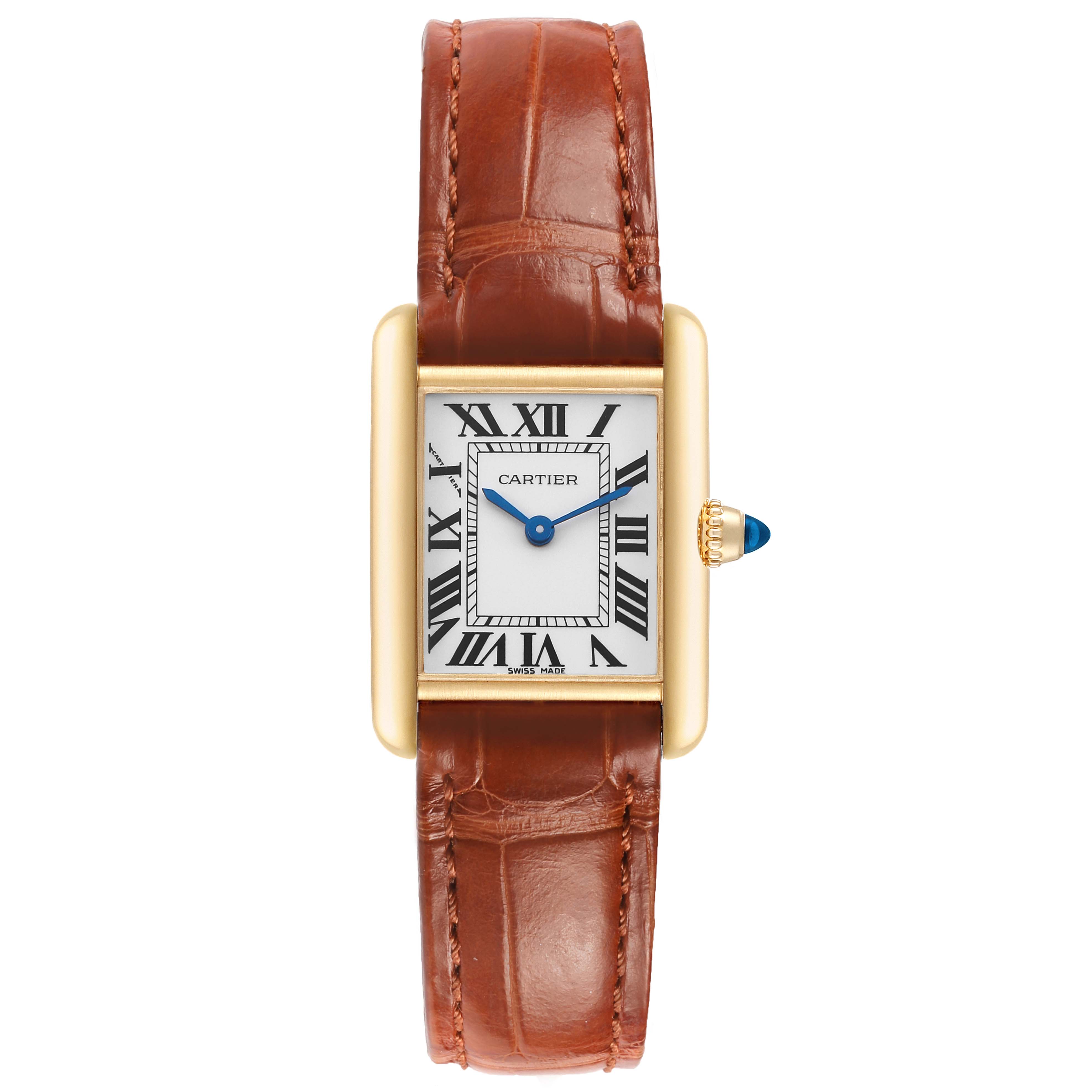 The Cartier Tank Louis W1529856 Women's Yellow Gold Silver Dial watch is shown from the top, highlighting the face, gold case, and brown leather strap.