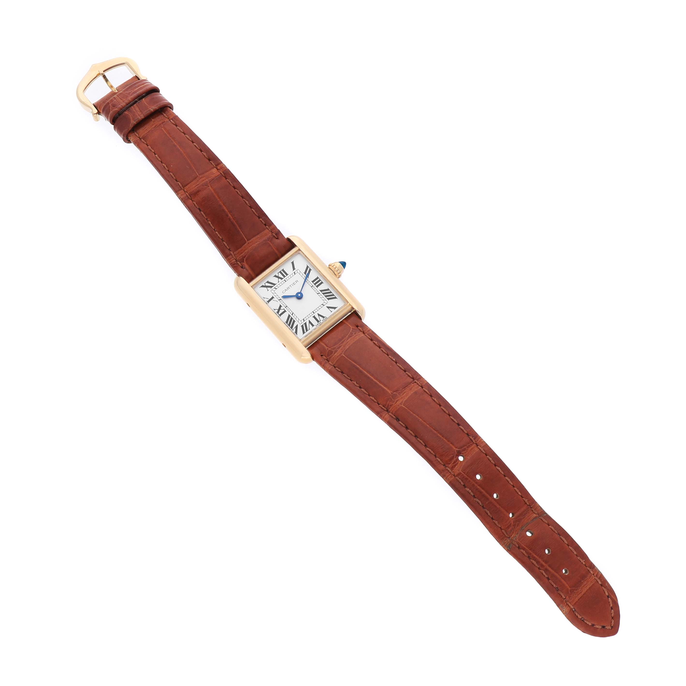 The Cartier Tank Louis W1529856 Women's Yellow Gold Silver Dial watch is shown at a slight angle, displaying its face, brown leather strap, and gold buckle.