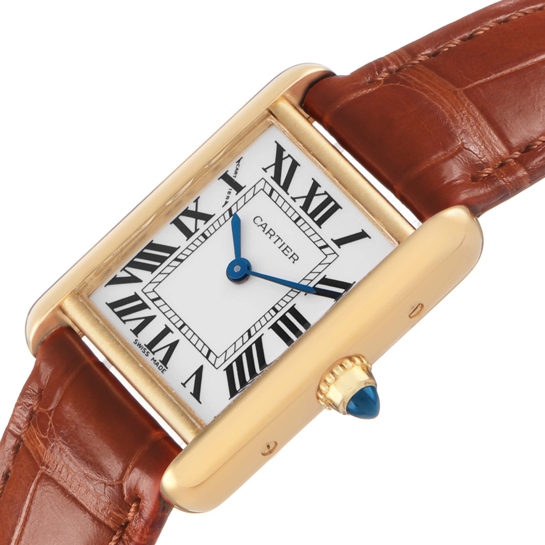 The Cartier Tank Louis W1529856 Women's Yellow Gold Silver Dial watch is shown at a tilted angle, highlighting the gold case, white dial with Roman numerals, and brown leather strap.