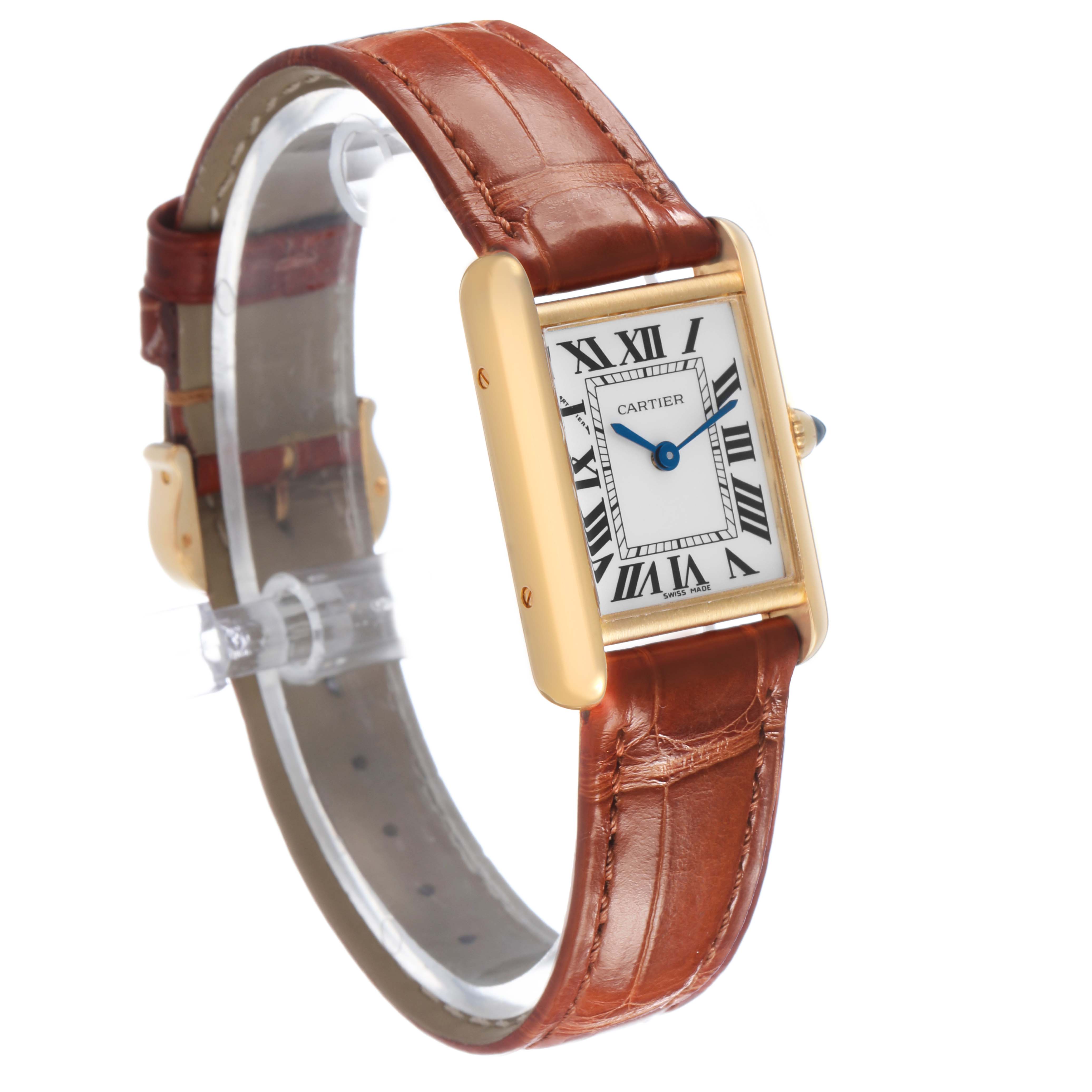The Cartier Tank Louis W1529856 Women's Yellow Gold Silver Dial watch is shown at a three-quarter angle, highlighting the gold case, brown leather strap, and Roman numeral dial.