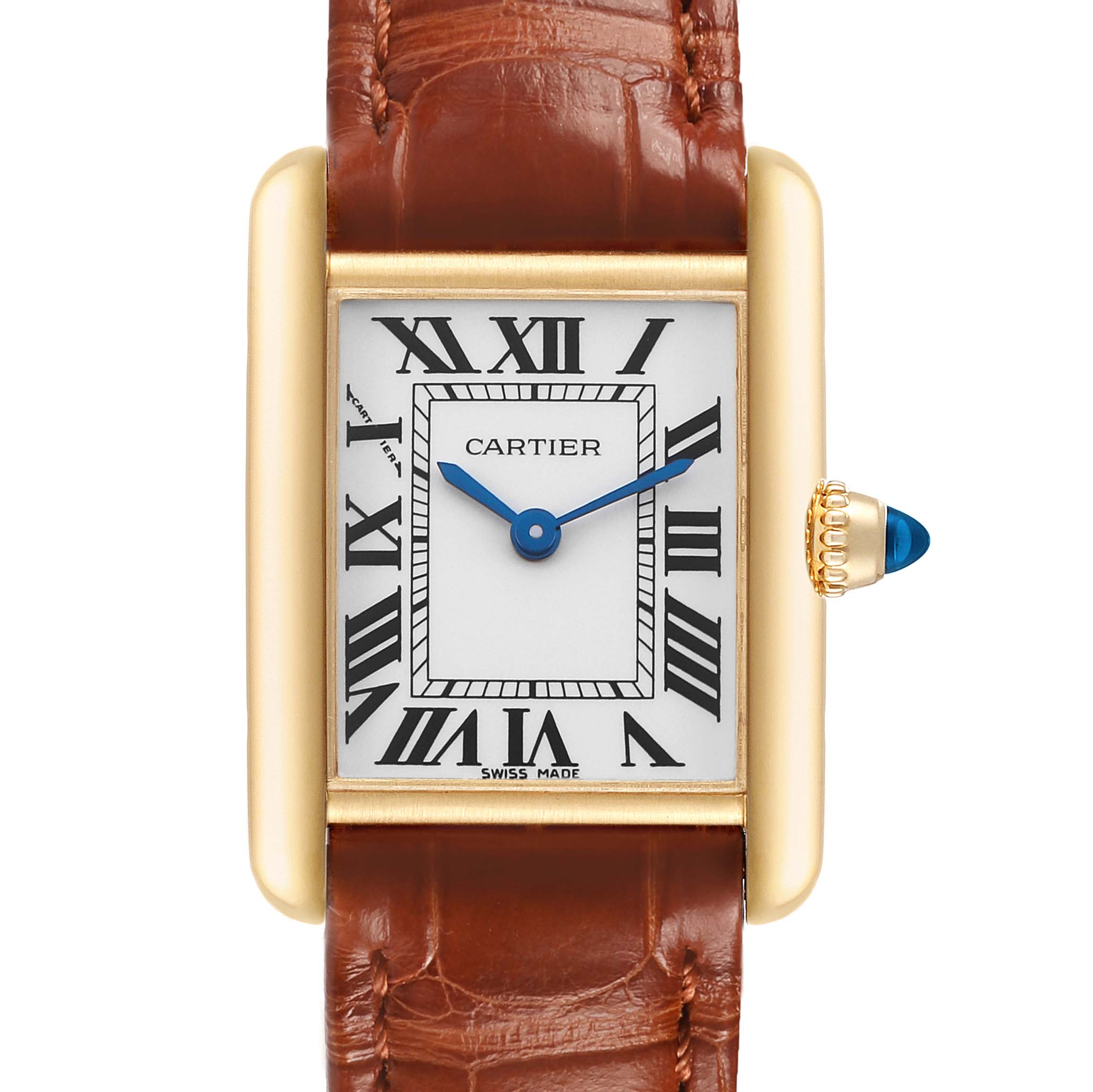 The Cartier Tank Louis W1529856 Women's Yellow Gold Silver Dial watch is shown from a front-facing angle, highlighting the rectangular face, Roman numerals, leather strap, and blue cabochon crown.
