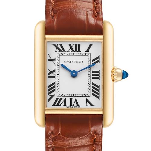 The Cartier Tank Louis W1529856 Women's Yellow Gold Silver Dial watch is shown from the front, highlighting its rectangular dial, Roman numerals, blue hands, and leather strap.