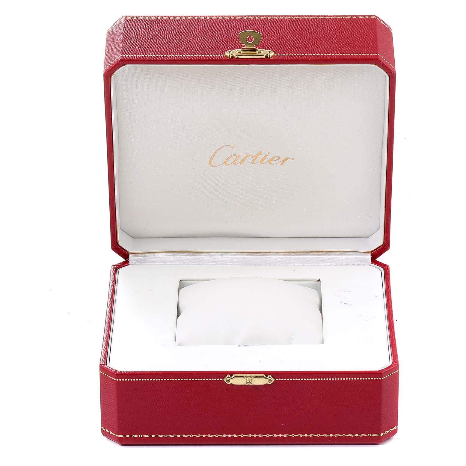This image shows an open Cartier Tortue W1546051 Men's Rose Gold Silver Dial W1546051 Men's Rose Gold Silver Dial model watch box, displaying its interior.