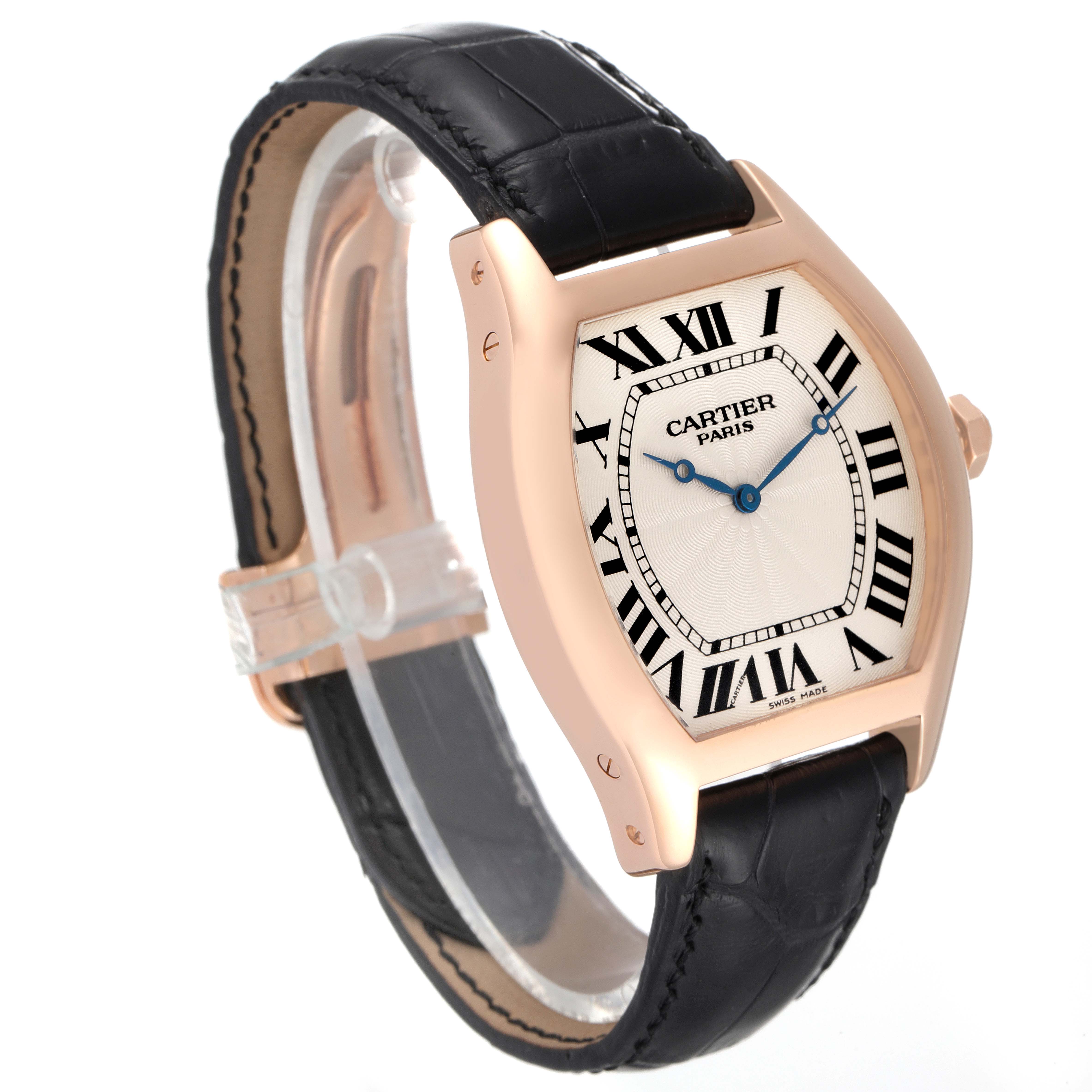 This image shows a Cartier Tortue W1546051 Men's Rose Gold Silver Dial W1546051 Men's Rose Gold Silver Dial watch at a side angle, highlighting the face, case, and leather strap.