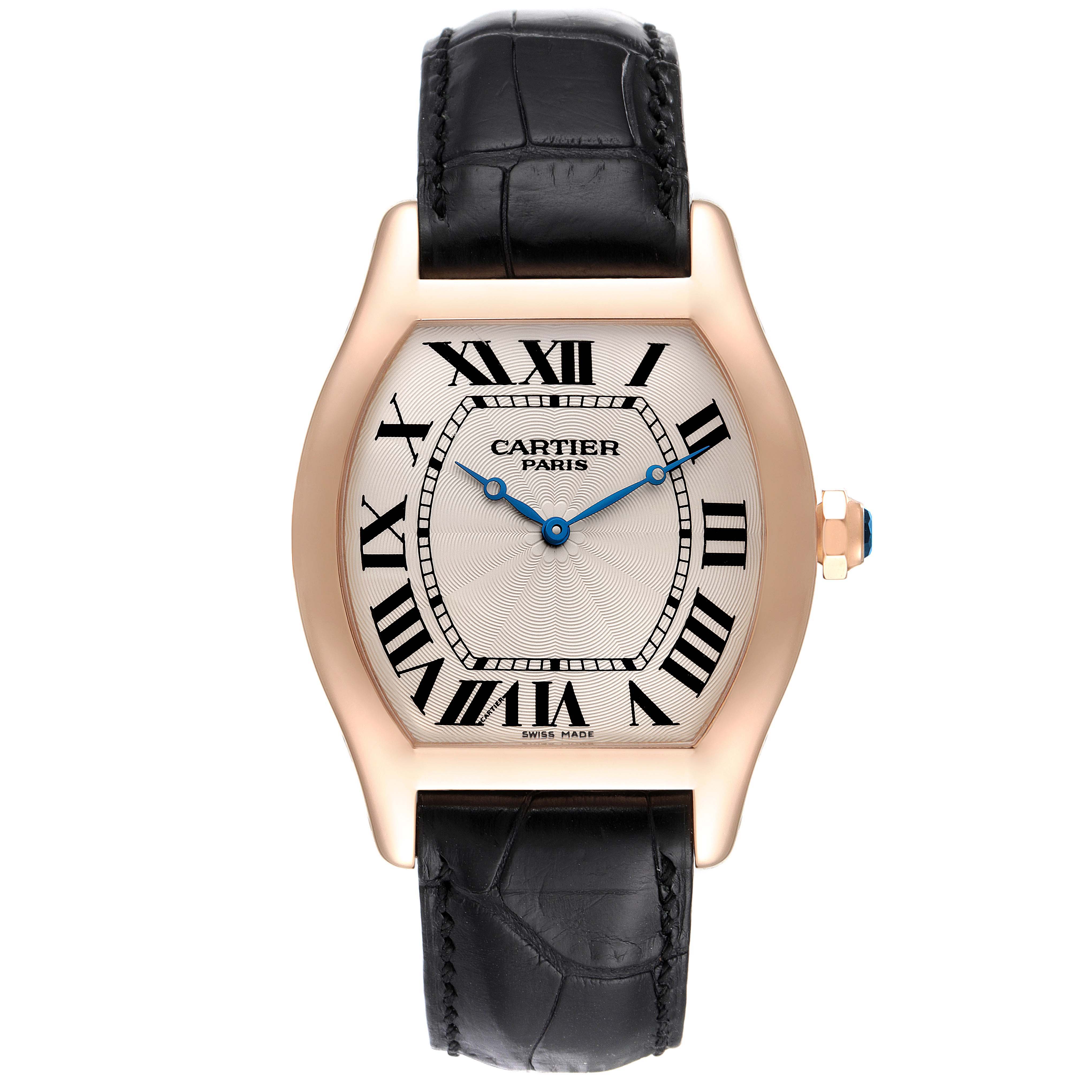 The image shows a front view of the Cartier Tortue W1546051 Men's Rose Gold Silver Dial W1546051 Men's Rose Gold Silver Dial watch, displaying its face, hands, case, and strap.