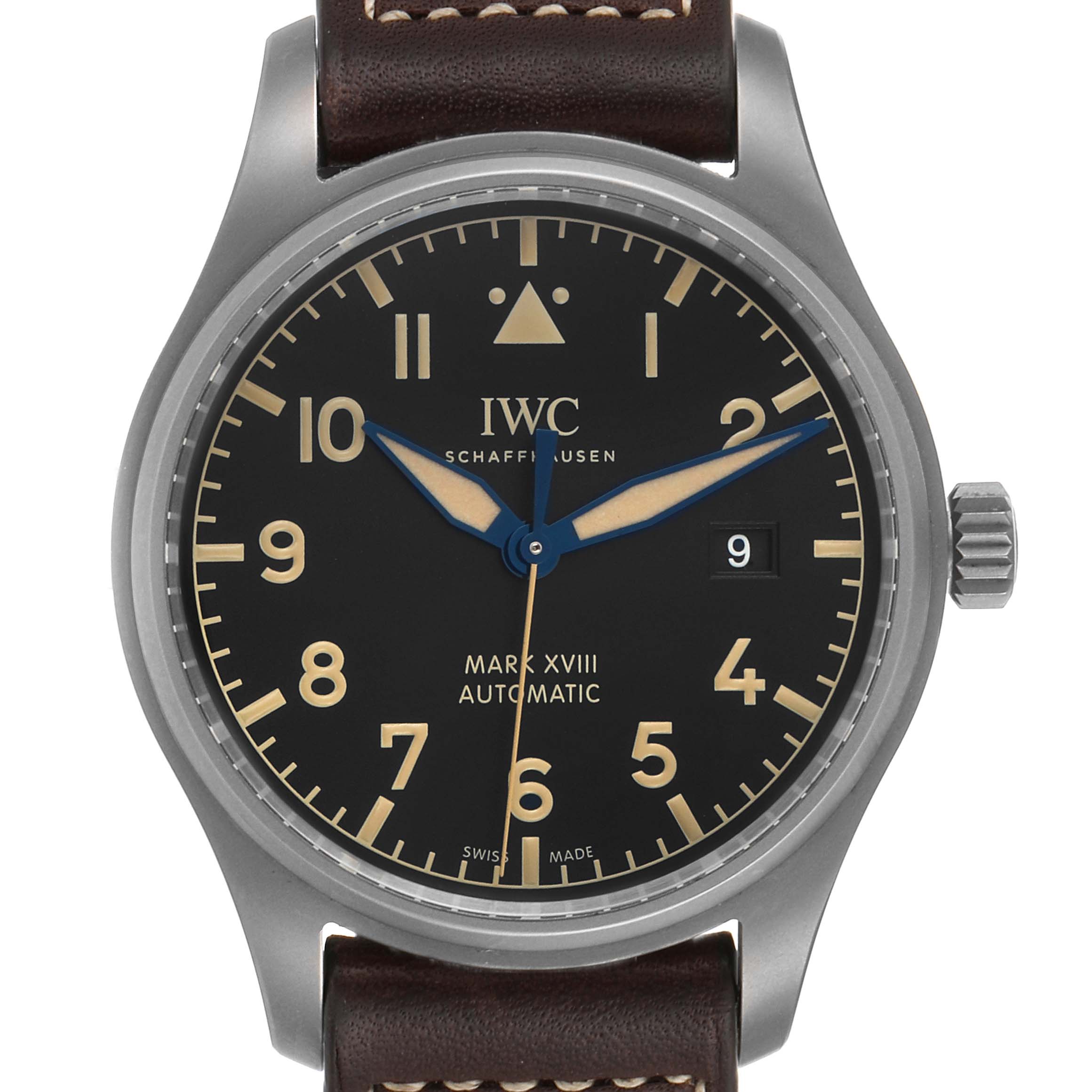 This image shows a front view of the IWC Pilot IW327006 Men's Titanium Black Dial IW327006 Men's Titanium Black Dial Mark XVIII Automatic watch, displaying the face, case, crown, and part of the leather strap.