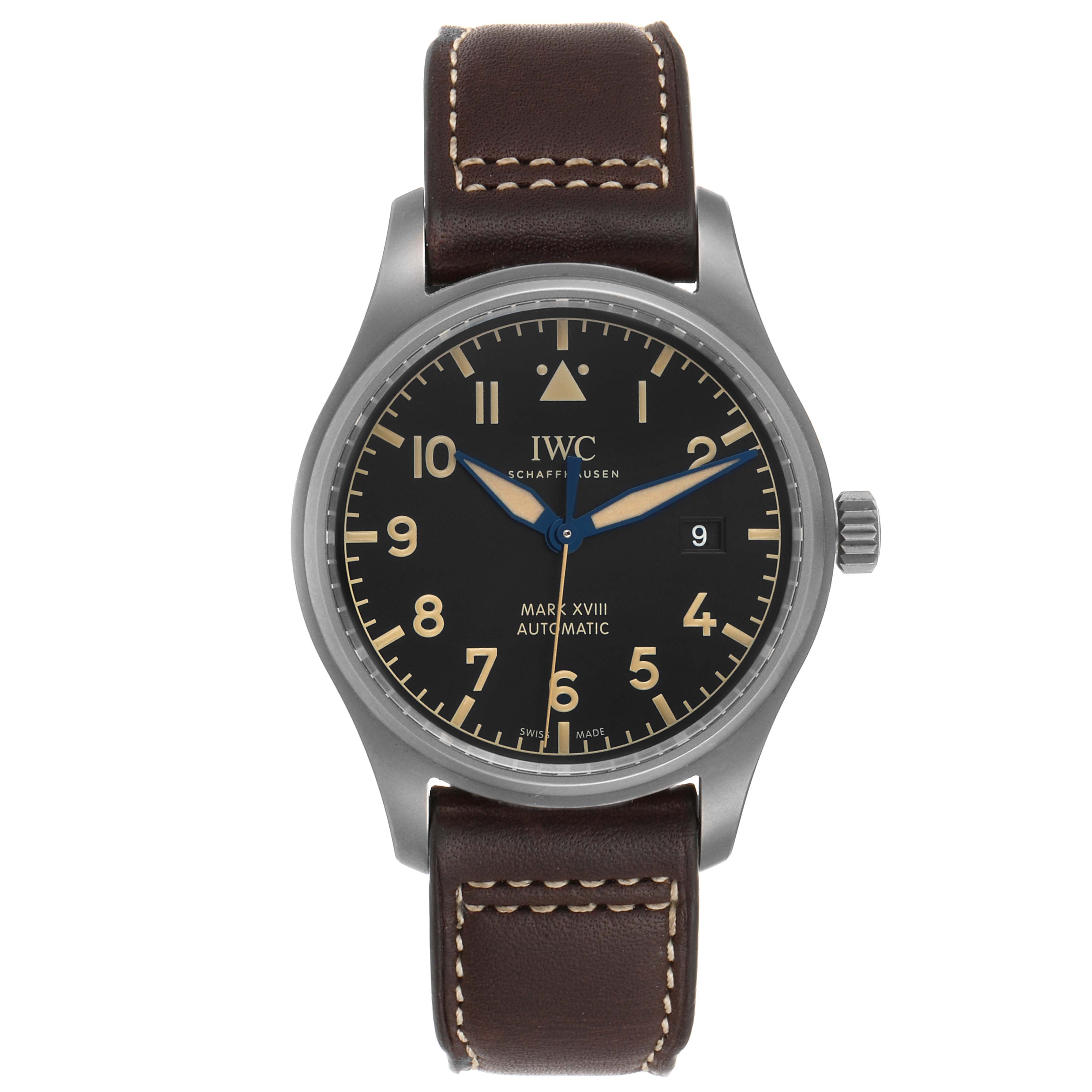 The IWC Pilot IW327006 Men's Titanium Black Dial IW327006 Men's Titanium Black Dial model watch is shown from a straight-on angle, displaying its face, crown, and leather strap.
