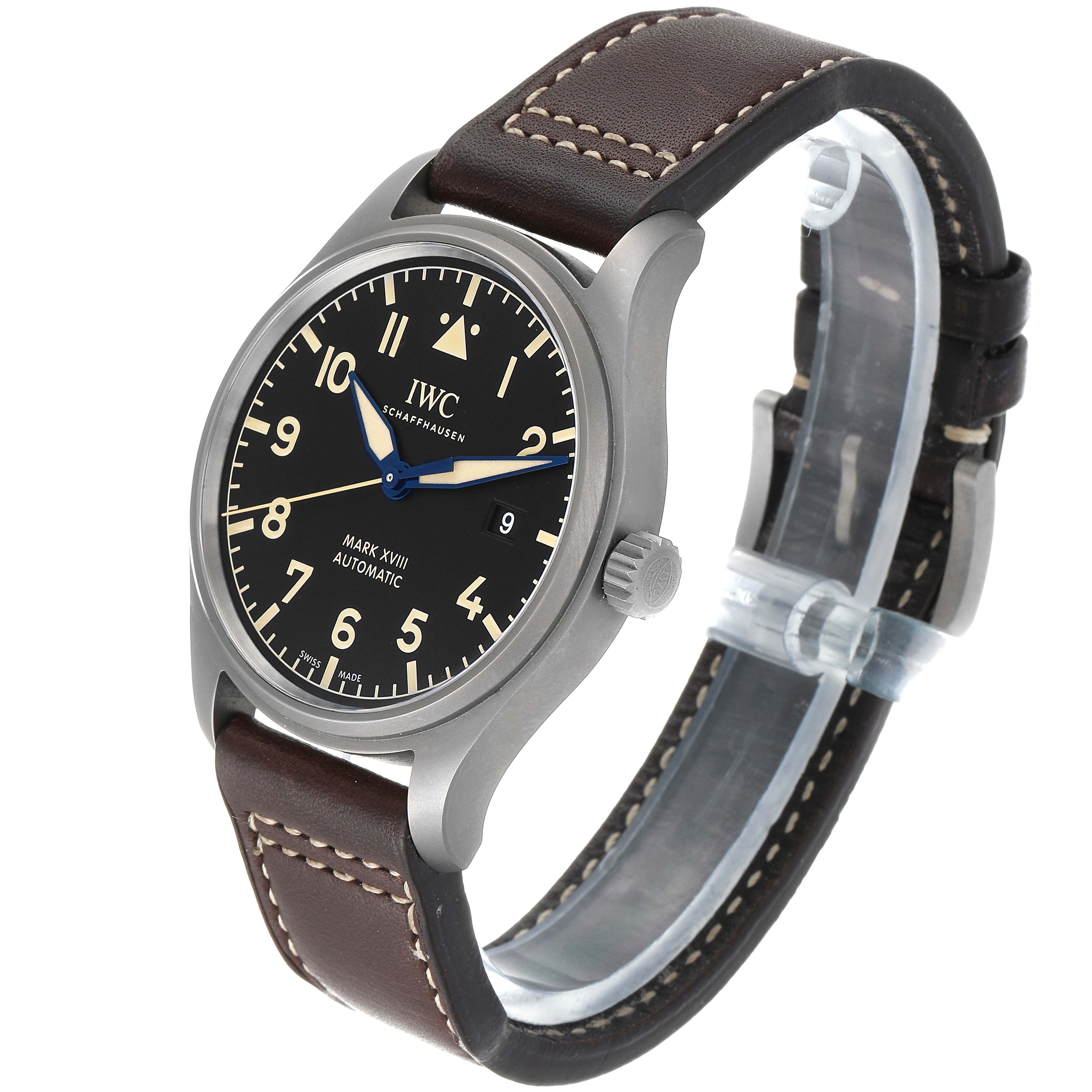 The image shows an IWC Pilot IW327006 Men's Titanium Black Dial IW327006 Men's Titanium Black Dial Mark XVIII watch at an angled side view, highlighting its face, case, crown, and strap.
