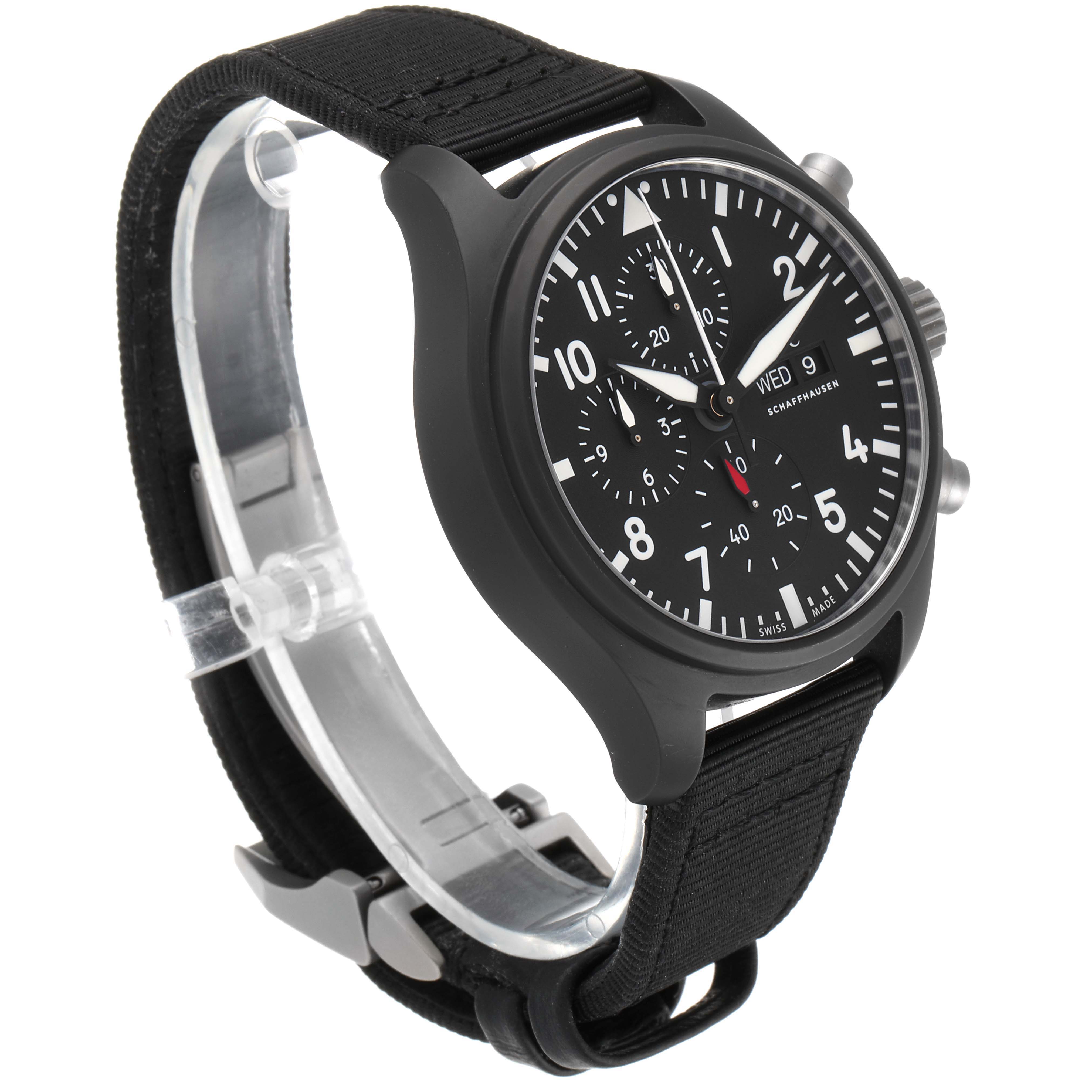 This IWC Pilot IW389101 Men
s Titanium Black Dial IW389101 Men
s Titanium Black Dial model watch is shown at a 3/4 angle, displaying the face, strap, case, and crown.