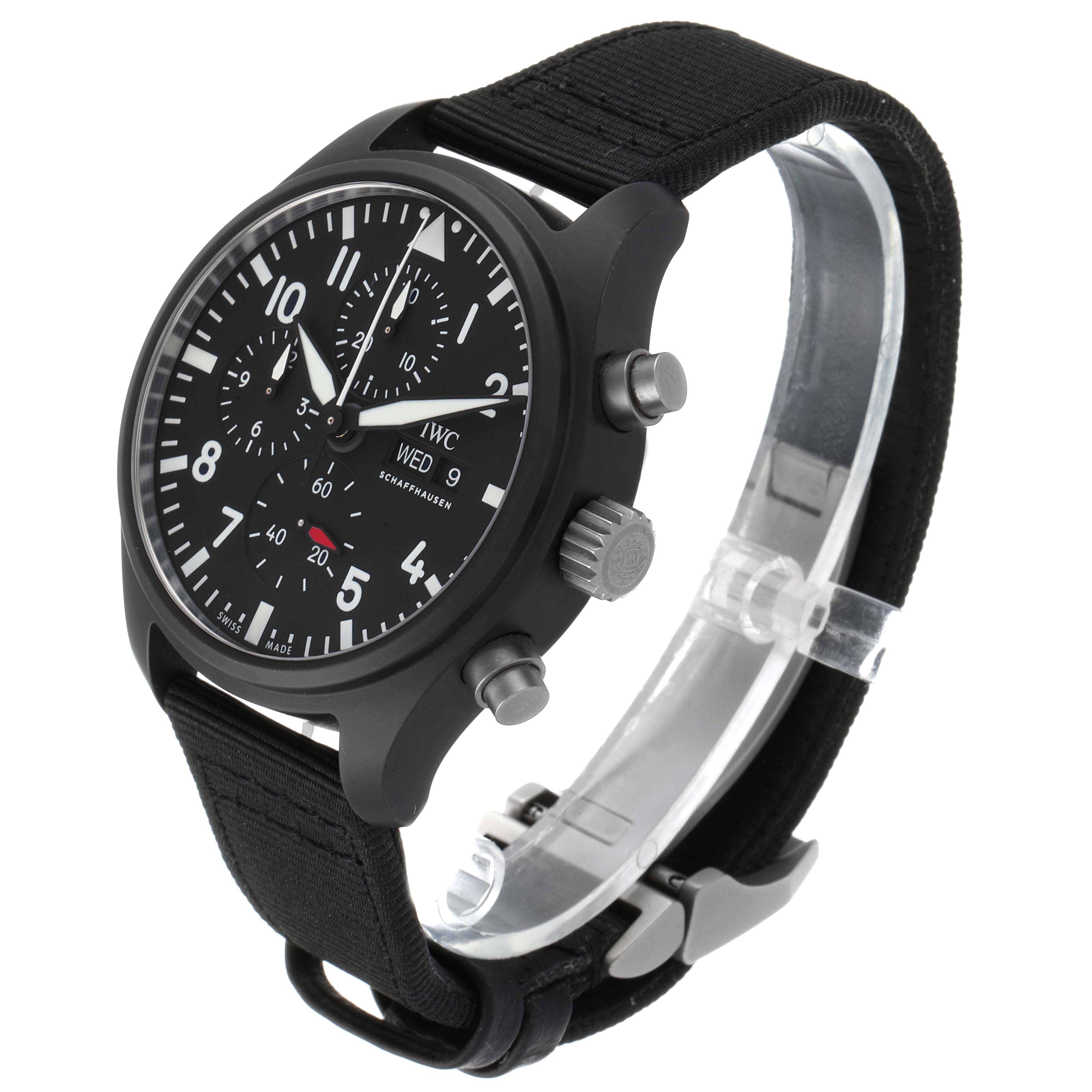 The IWC Pilot IW389101 Men
s Titanium Black Dial IW389101 Men
s Titanium Black Dial watch is shown at a three-quarter view angle, displaying the dial, case, buttons, and strap.