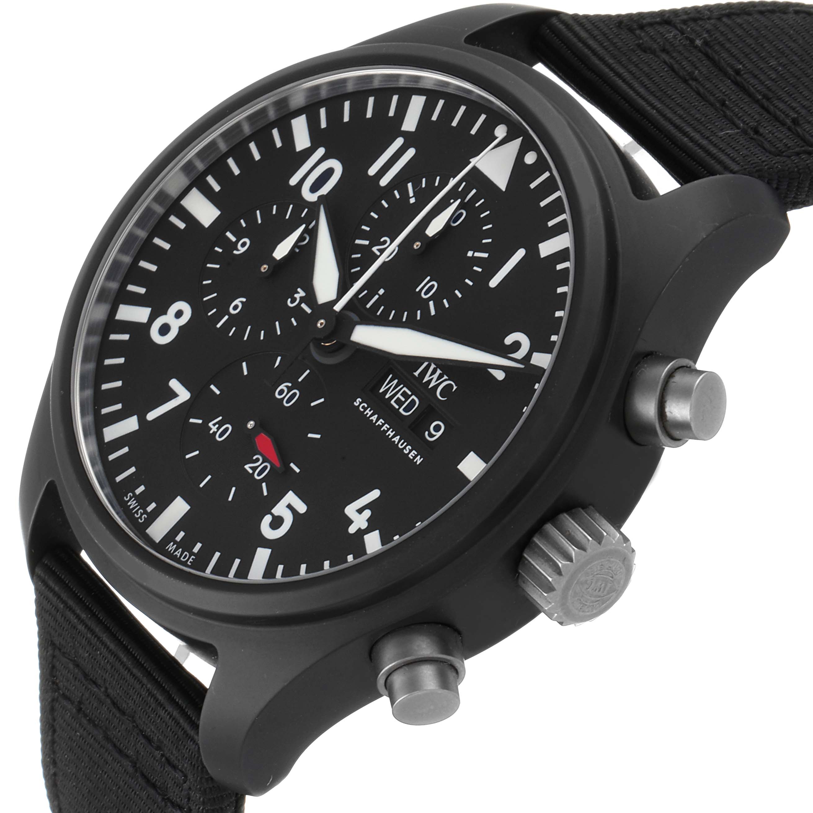 This image shows the IWC Pilot IW389101 Men
s Titanium Black Dial IW389101 Men
s Titanium Black Dial watch at an angle highlighting its face, side buttons, and strap.