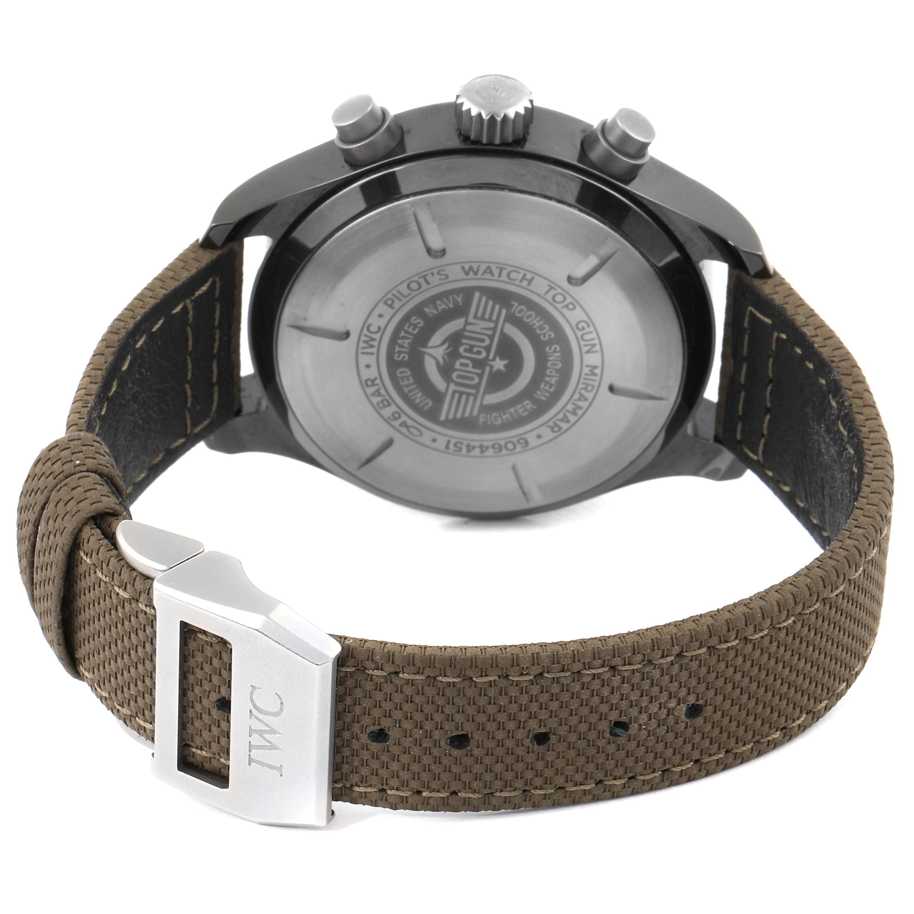 This image shows the back view of an IWC Pilot IW389002 Men's Titanium Black Dial IW389002 Men's Titanium Black Dial model watch, highlighting the case back, crown, pushers, and the strap with buckle.