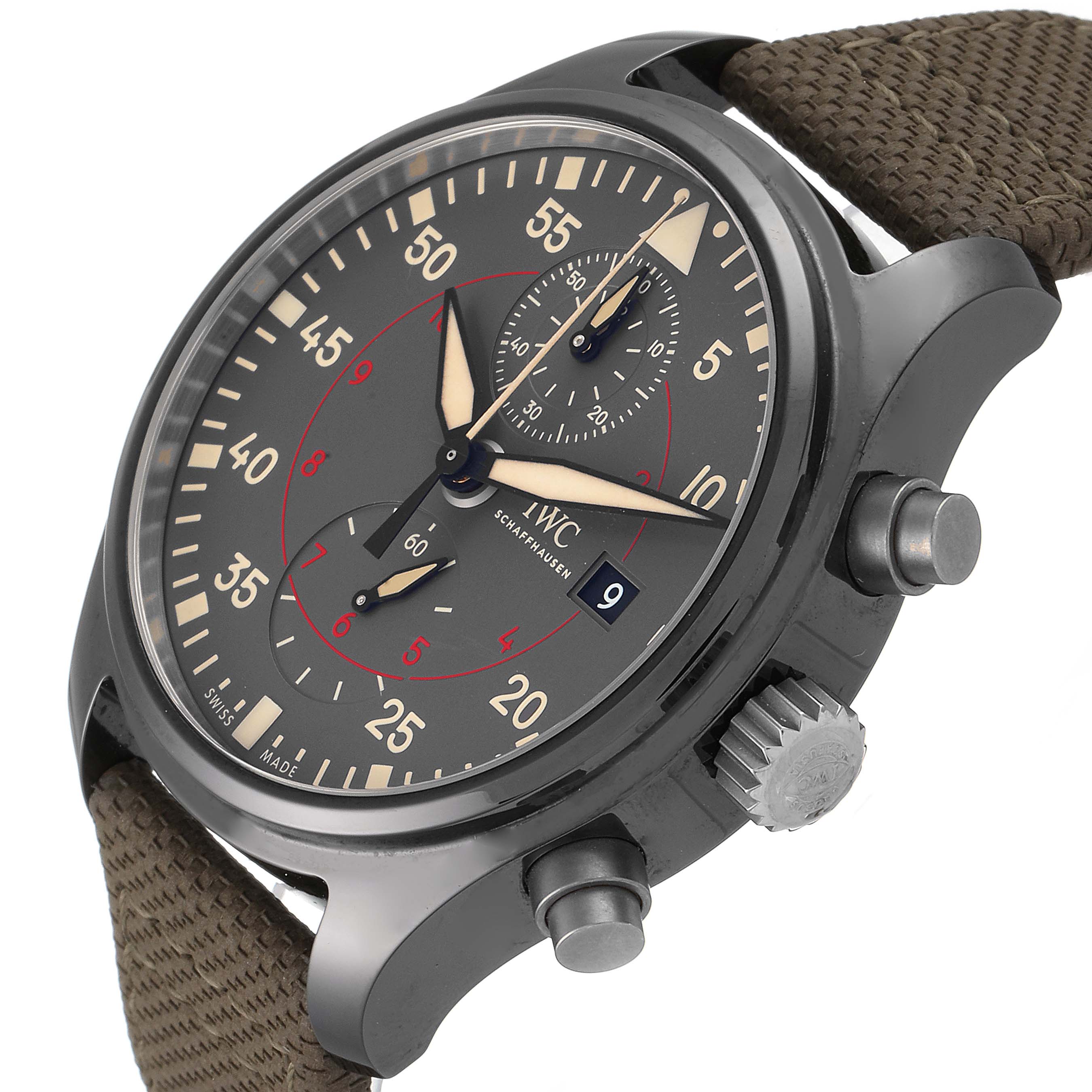 The image shows a side-angle view of the IWC Pilot IW389002 Men's Titanium Black Dial IW389002 Men's Titanium Black Dial watch, highlighting the dial, crown, pushers, and strap.