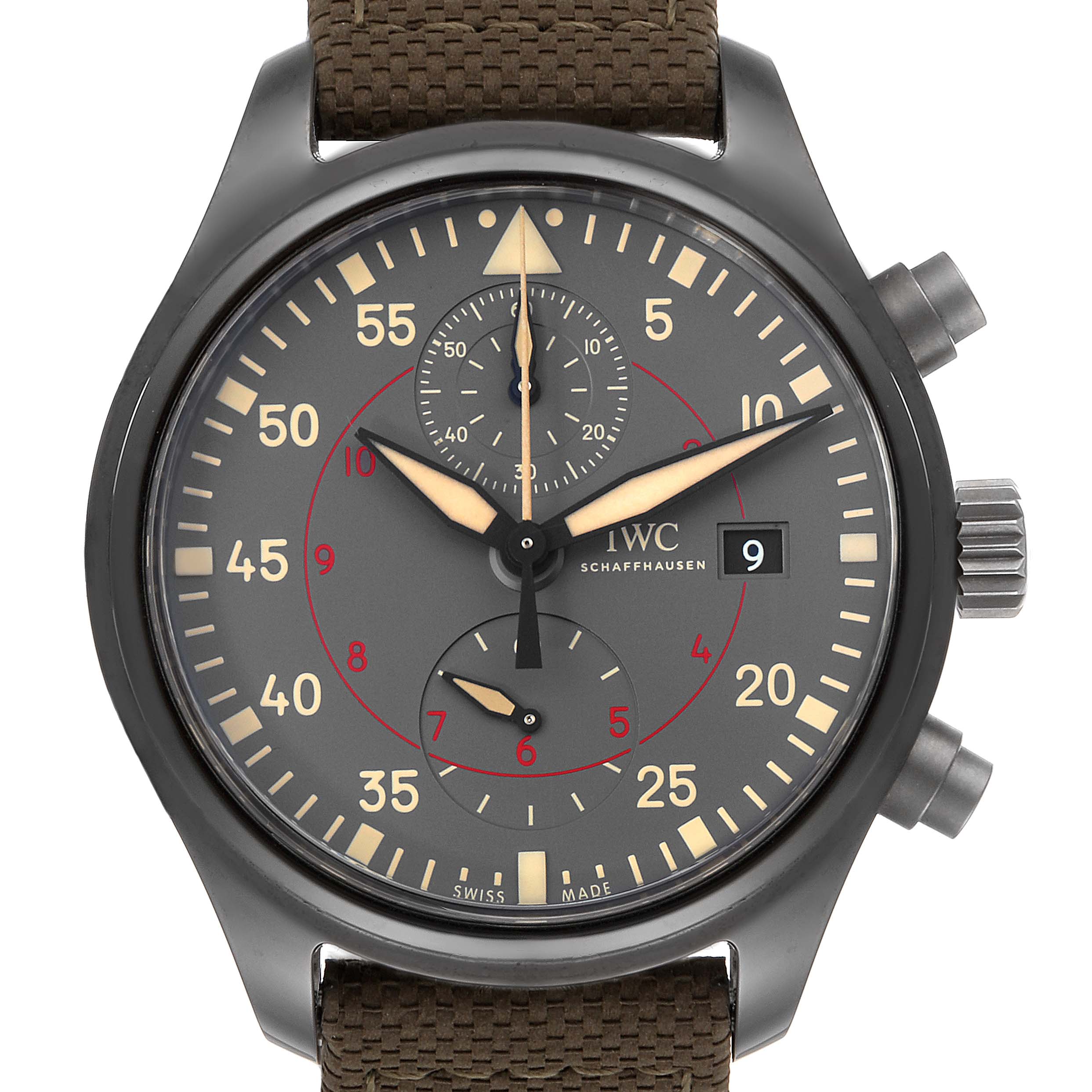 The image shows a front view of an IWC Pilot IW389002 Men's Titanium Black Dial IW389002 Men's Titanium Black Dial model watch, displaying its dial, hands, subdials, and date window.