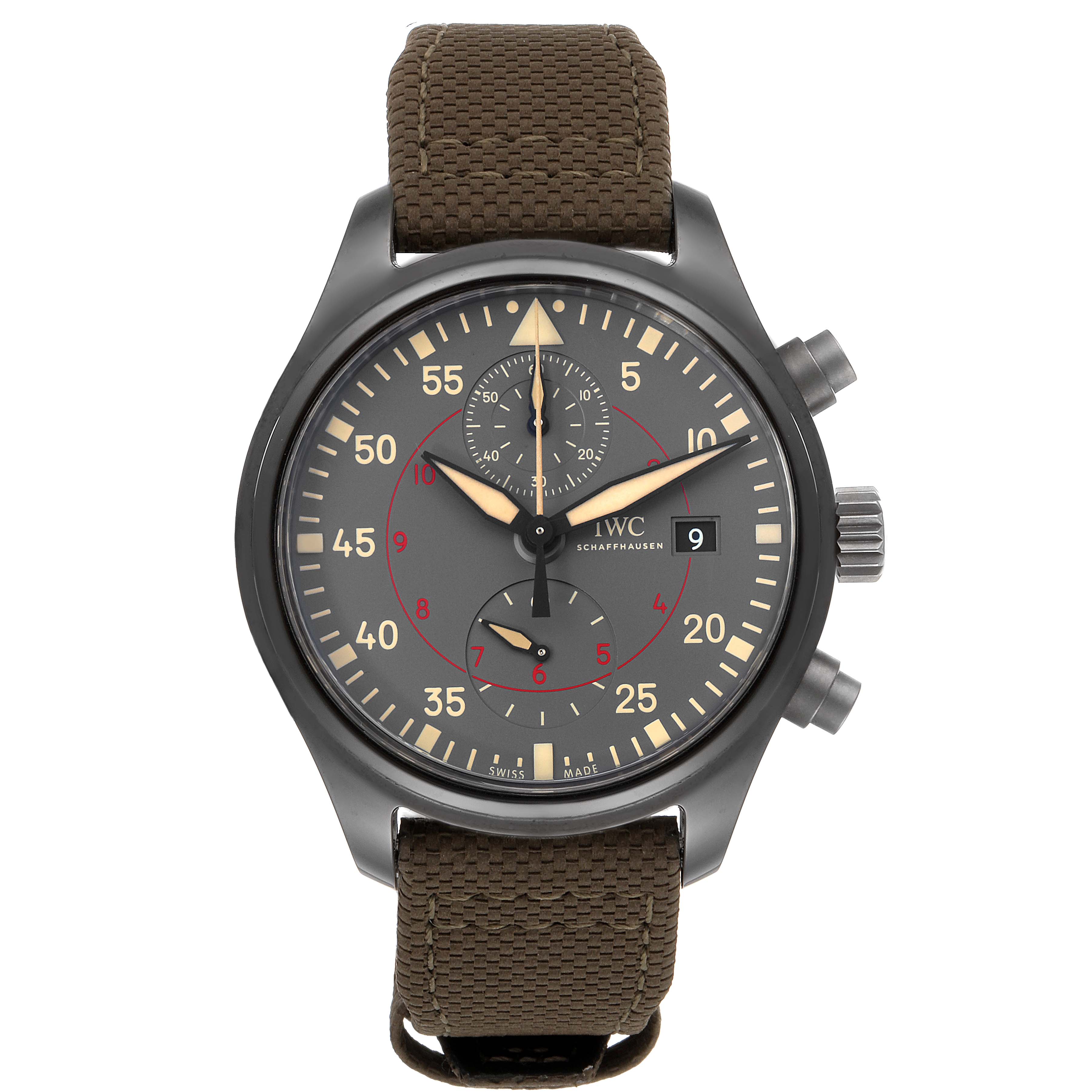 This image shows a frontal view of an IWC Pilot IW389002 Men's Titanium Black Dial IW389002 Men's Titanium Black Dial model watch, displaying its face, dial, hands, and brown strap.