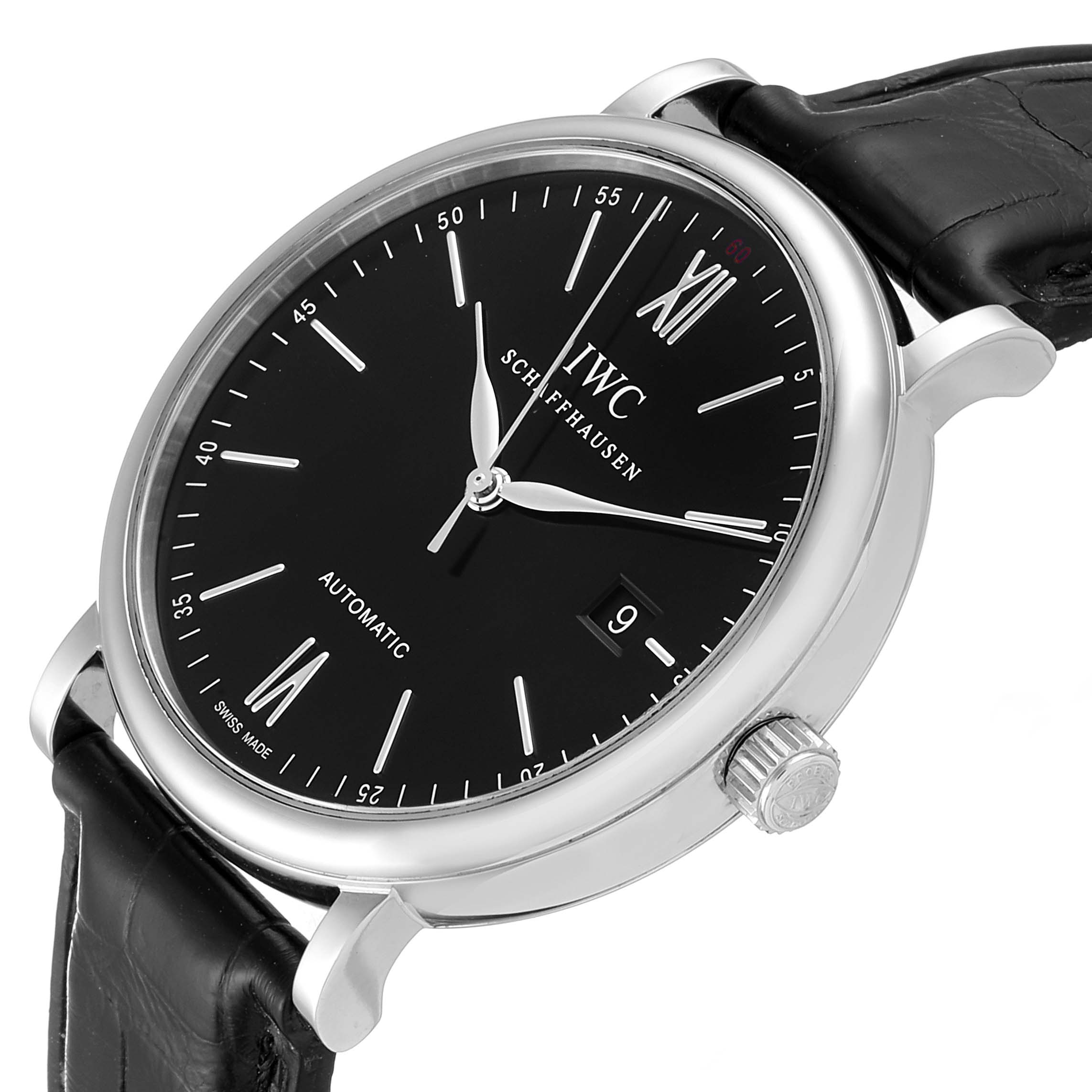 The IWC Portofino IW356502 Men's Stainless Steel Black Dial IW356502 Men's Stainless Steel Black Dial watch is shown at an angle highlighting the face, hands, crown, and leather strap.