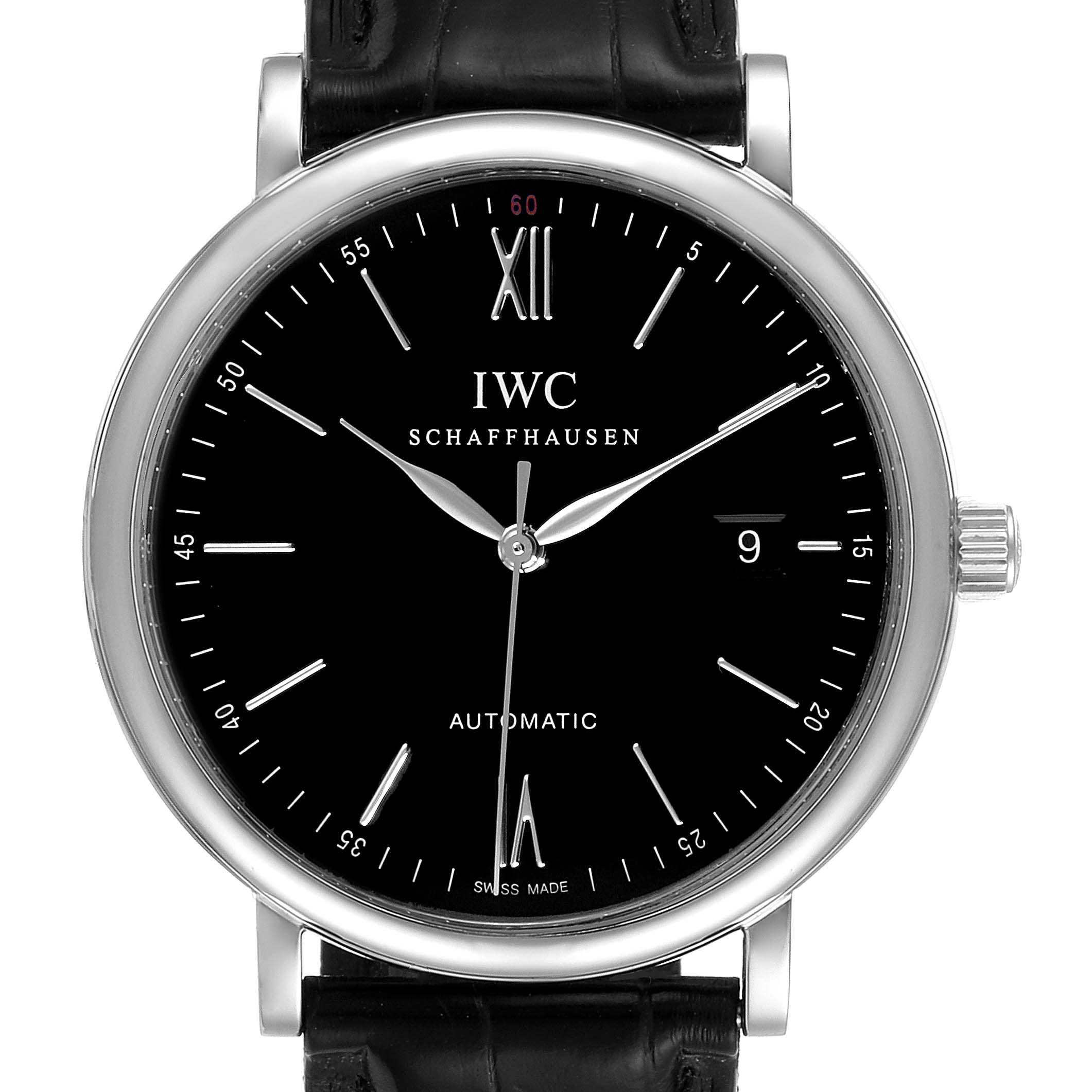 The image shows a close-up of the watch face of the IWC Portofino IW356502 Men's Stainless Steel Black Dial IW356502 Men's Stainless Steel Black Dial model, displaying the dial, hands, numerals, and date window.