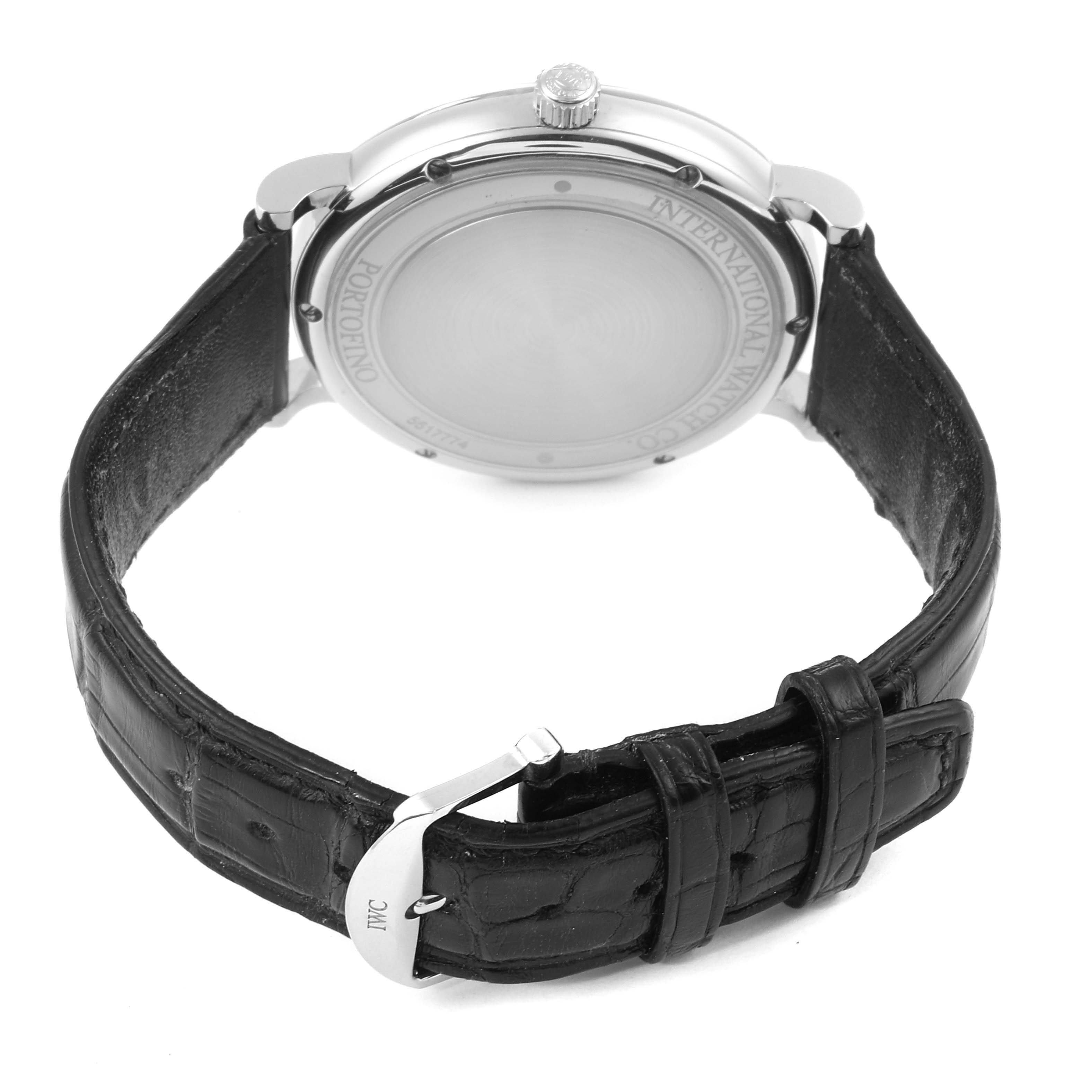 This image shows the back view of an IWC Portofino IW356502 Men's Stainless Steel Black Dial IW356502 Men's Stainless Steel Black Dial watch, highlighting its leather strap and buckle.