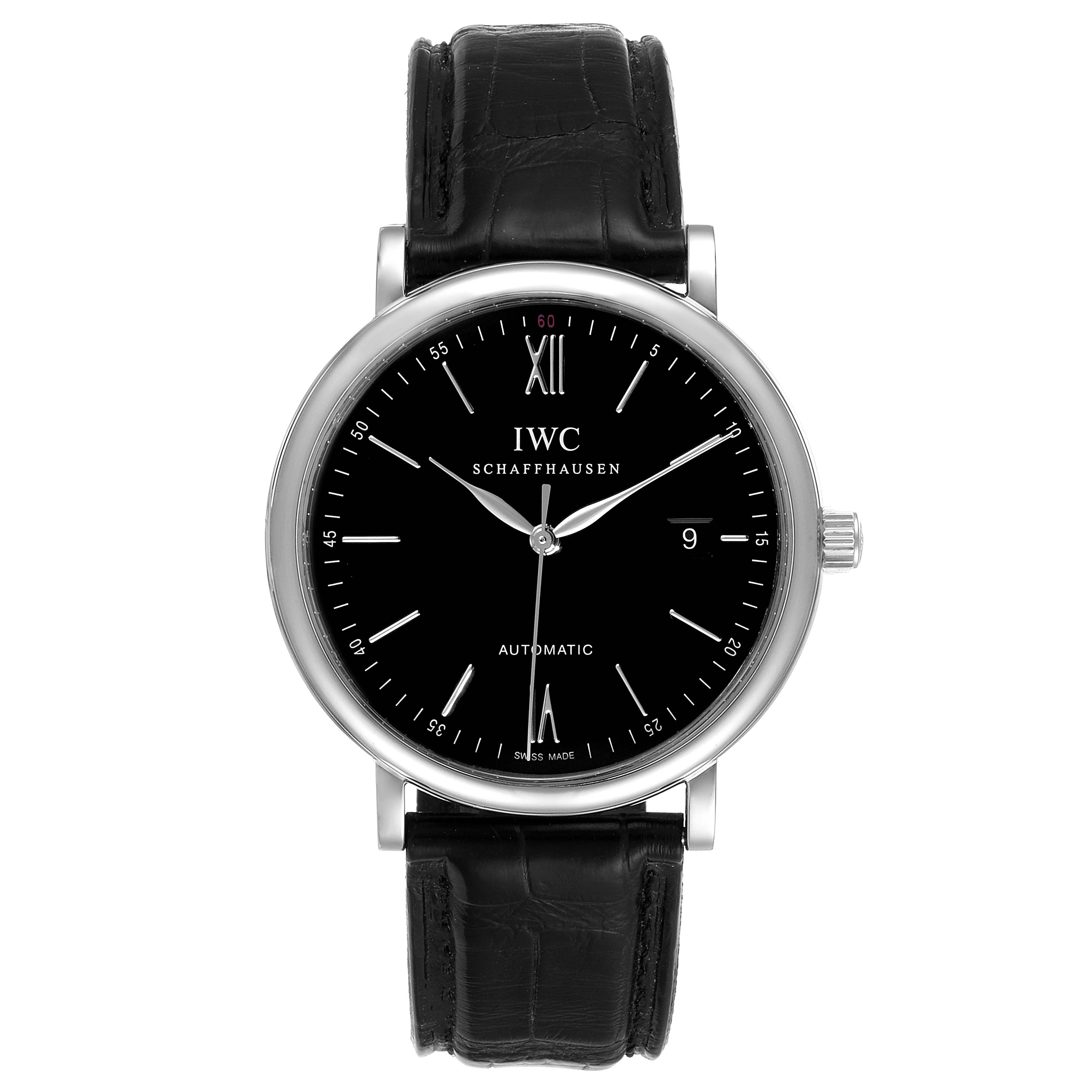 This image shows a front view of the IWC Portofino IW356502 Men's Stainless Steel Black Dial IW356502 Men's Stainless Steel Black Dial watch, highlighting its black dial, silver hour markers, and black leather strap.