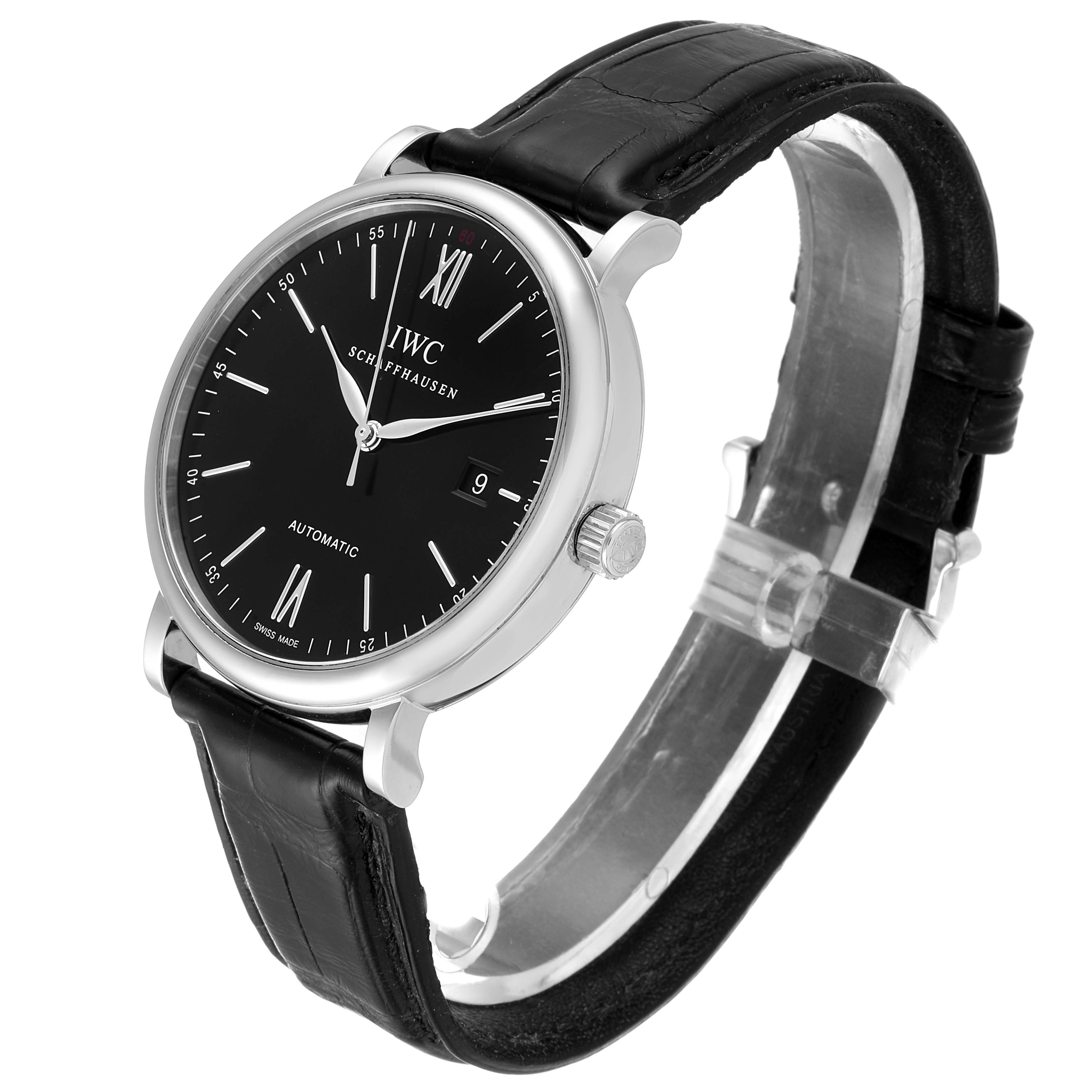 The image shows an angled front view of an IWC Portofino IW356502 Men's Stainless Steel Black Dial IW356502 Men's Stainless Steel Black Dial watch, featuring its black dial, case, and leather strap.