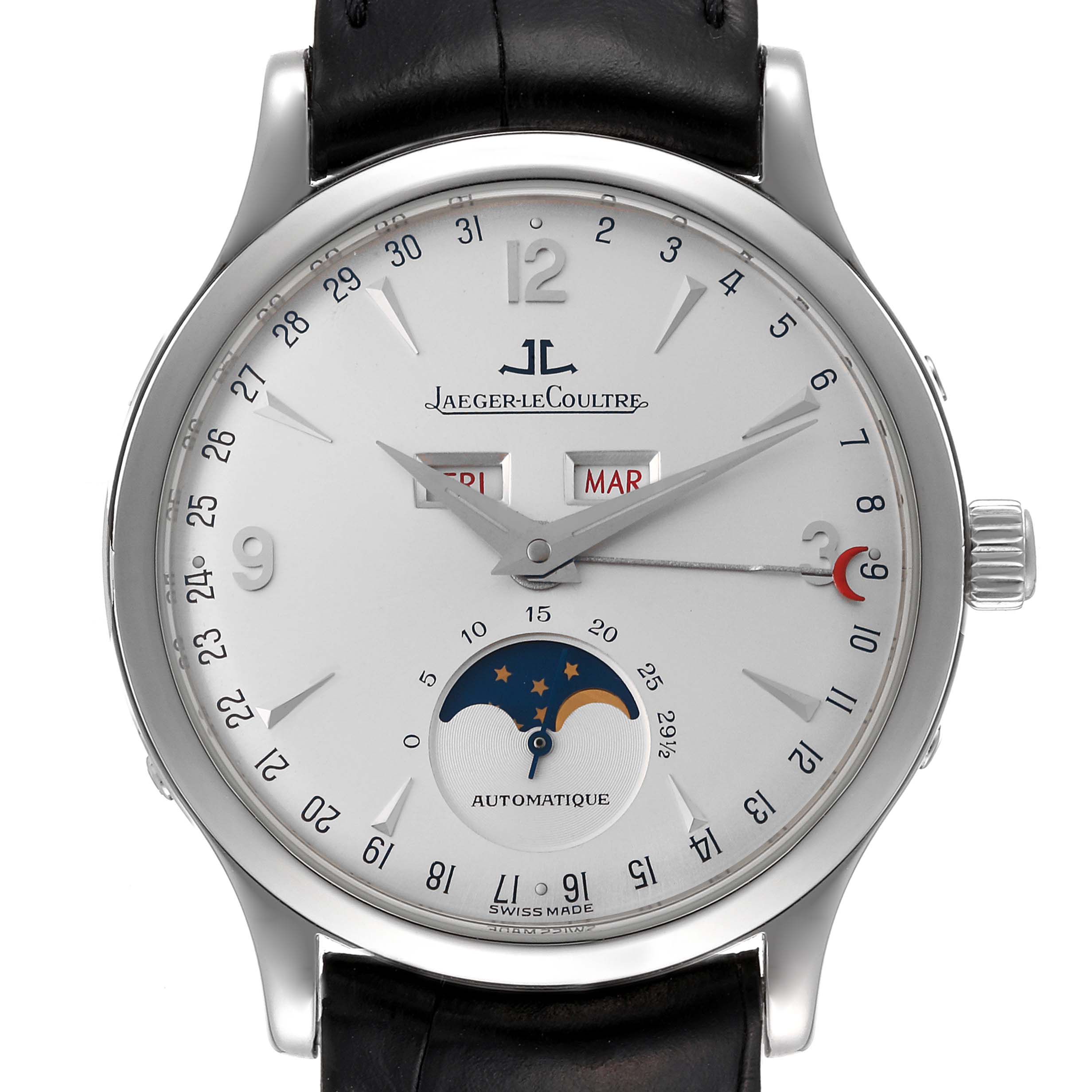 The image shows a front view of the Jaeger-LeCoultre Master model watch, highlighting its dial, subdials, and moon phase display.