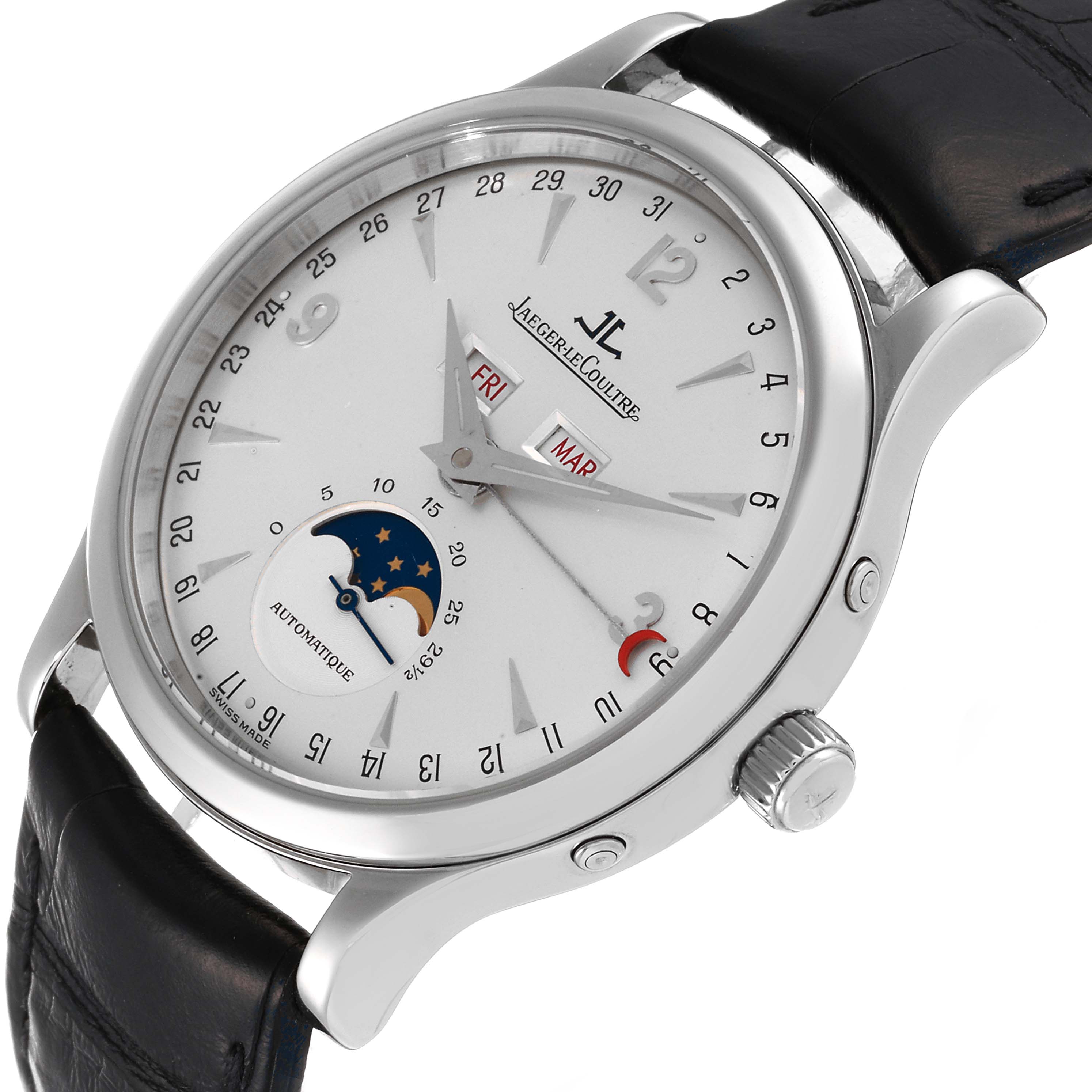 The image shows a close-up angle of the Jaeger LeCoultre Master Q1558420 Men's Stainless Steel Silver Dial Q1558420 Men's Stainless Steel Silver Dial watch, displaying the dial, crown, and part of the leather strap.