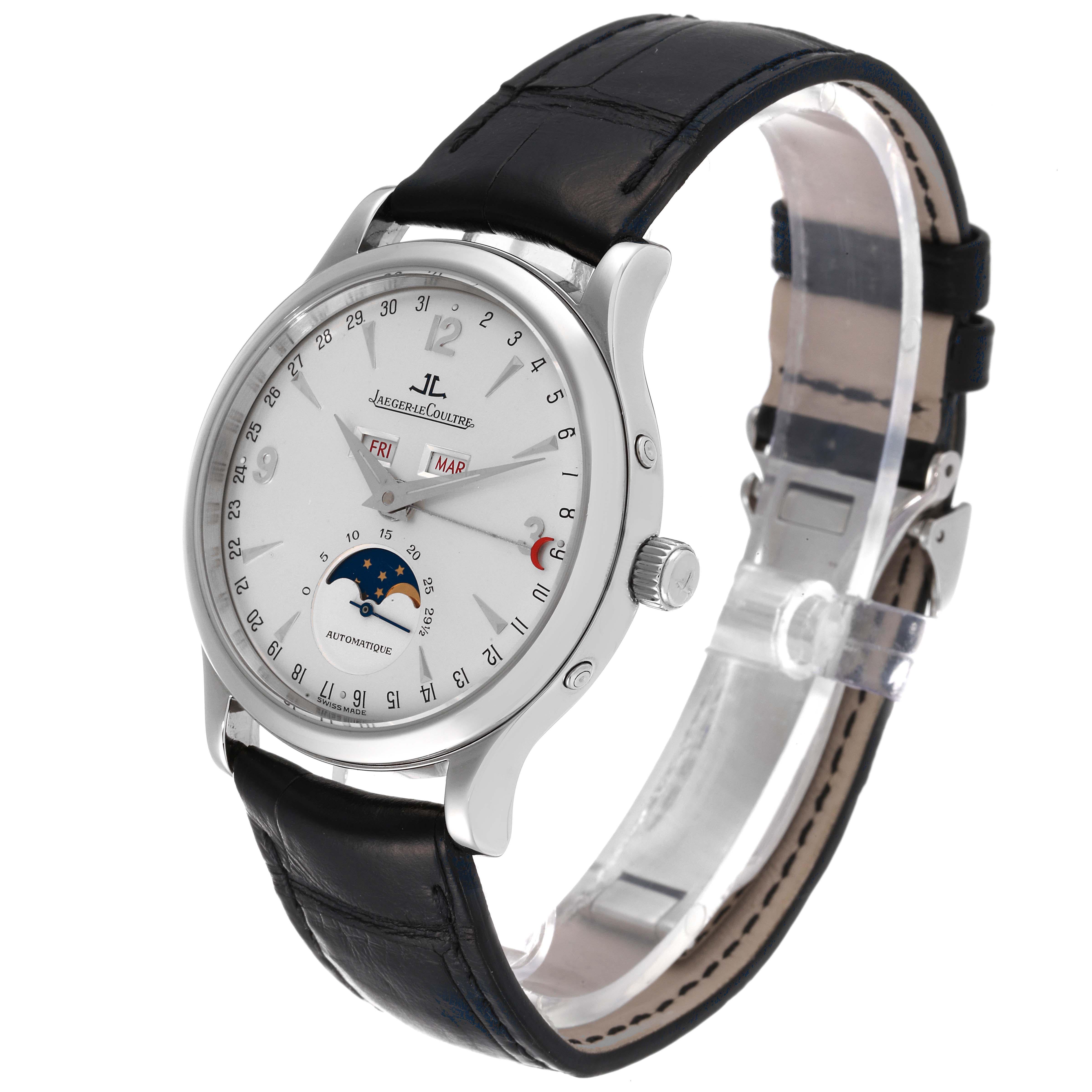 The Jaeger-LeCoultre Master watch is shown at a three-quarter angle, highlighting the dial, case, crown, and leather strap.