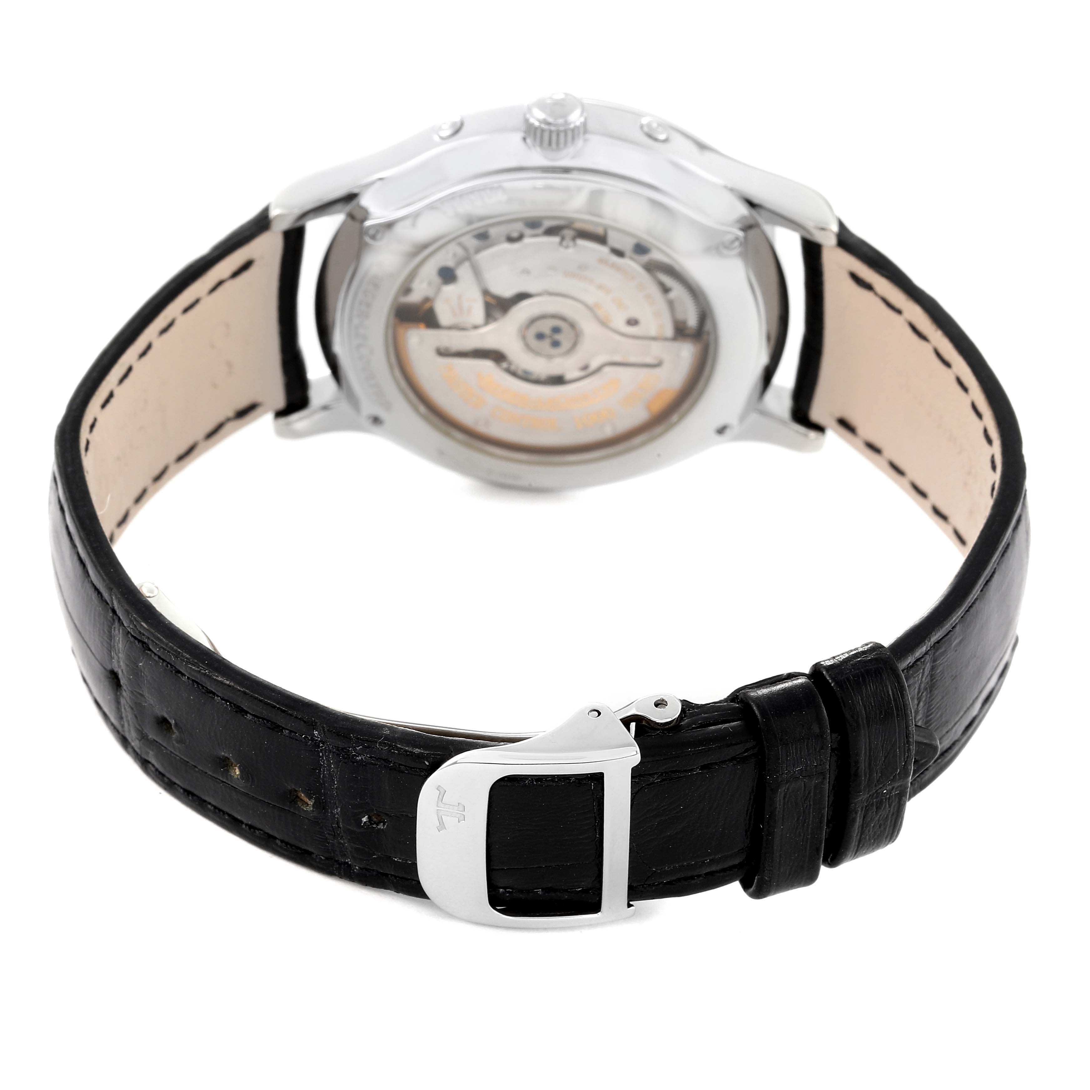 This image shows the back view of the Jaeger-LeCoultre Master model watch, highlighting its movement and leather strap.
