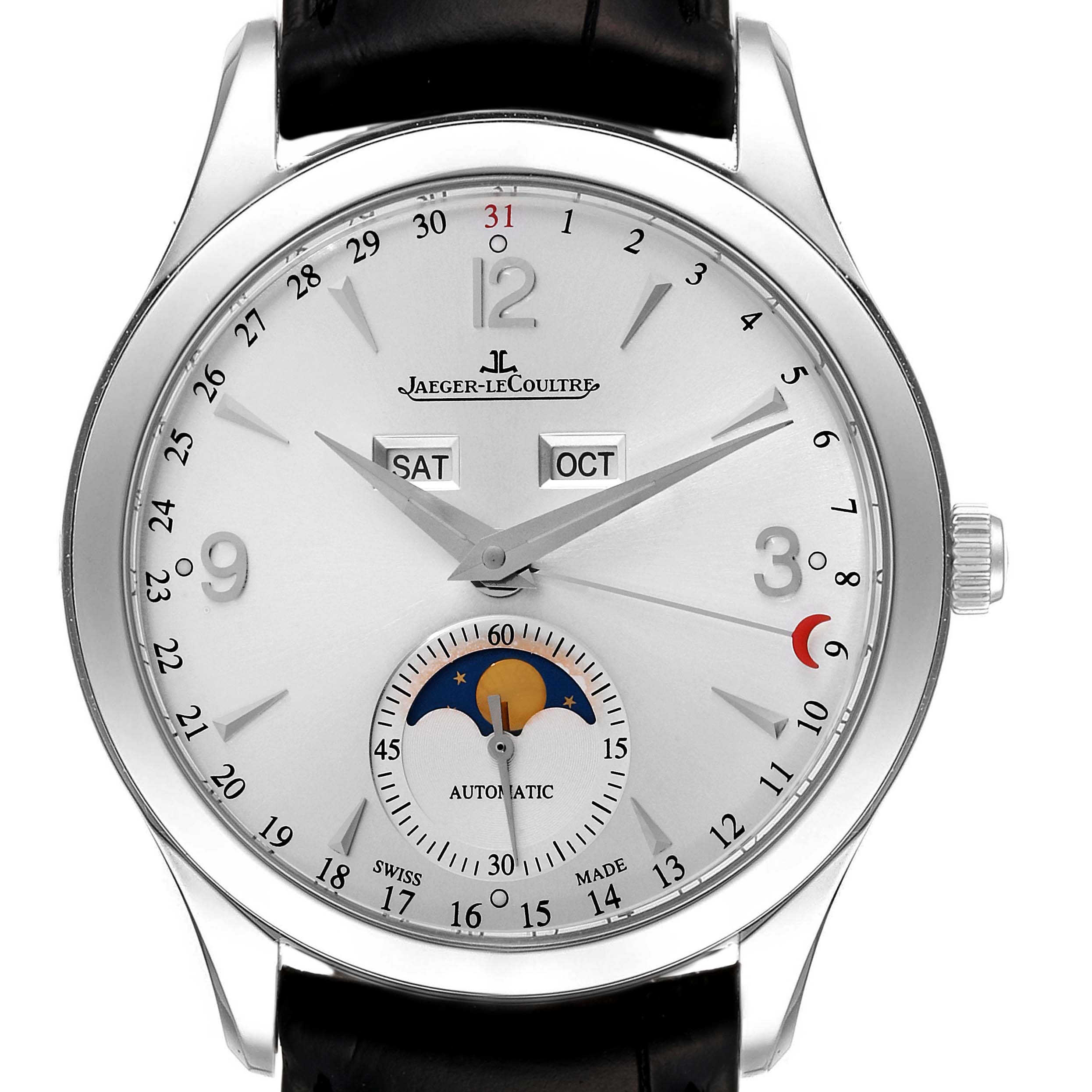 This image shows the front angle of the Jaeger-LeCoultre Master model watch, displaying its dial, hands, date, day, and month indicators.