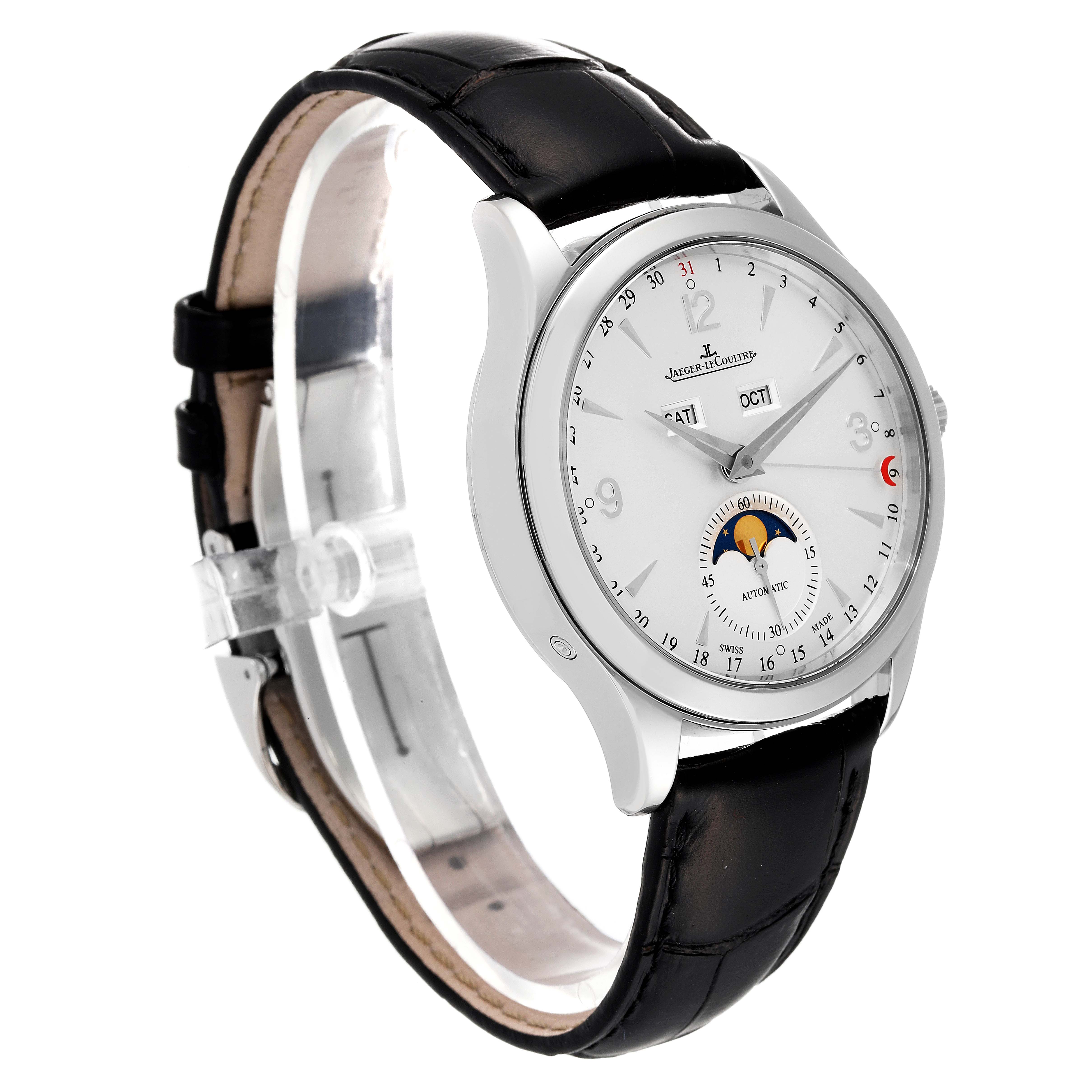 The Jaeger LeCoultre Master Q1558420 Men's Stainless Steel Silver Dial Q1558420 Men's Stainless Steel Silver Dial model watch is shown at a three-quarter angle with its black leather strap and detailed white dial visible.