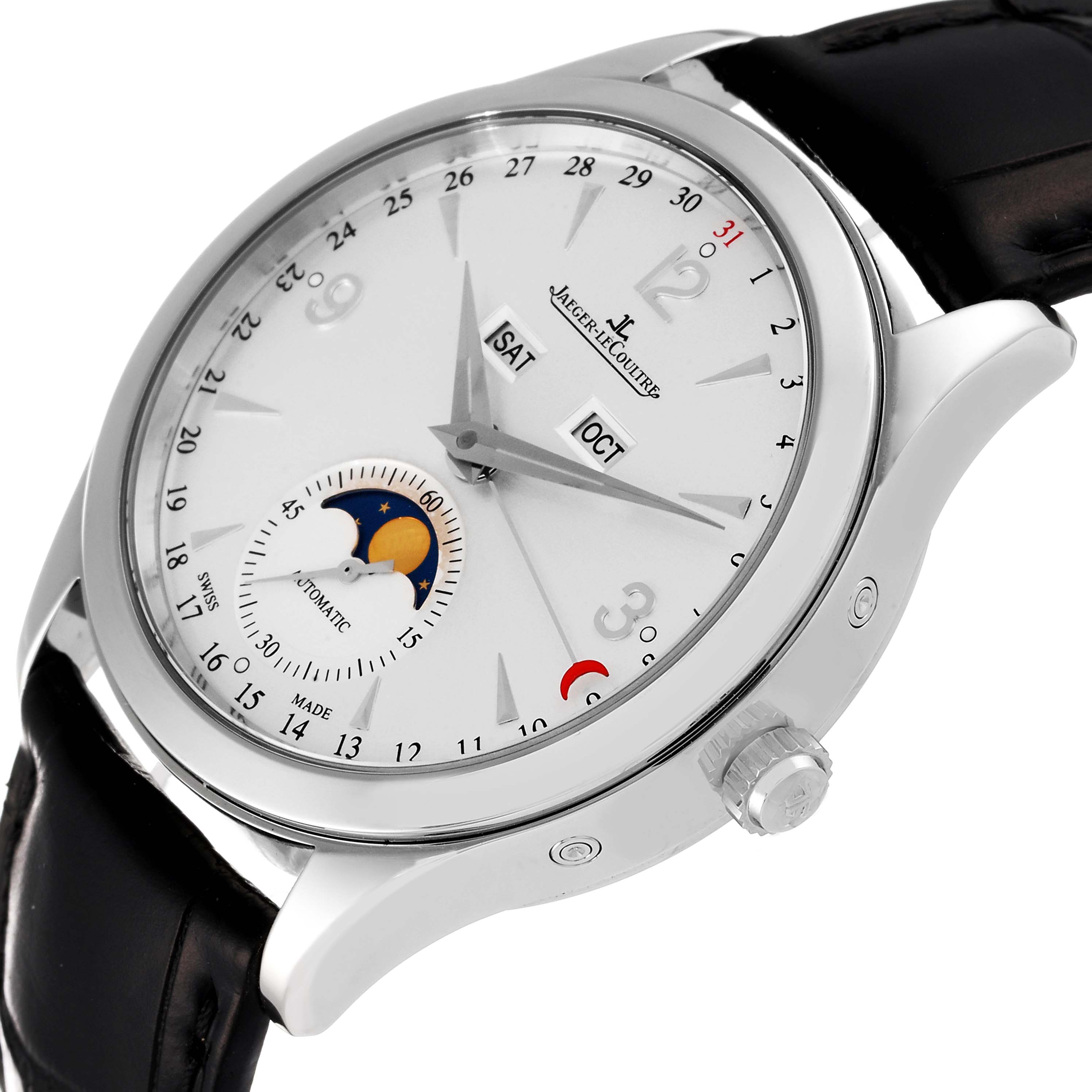 The Jaeger LeCoultre Master Q1558420 Men's Stainless Steel Silver Dial Q1558420 Men's Stainless Steel Silver Dial model watch is shown at an angled view, displaying its face, crown, and part of the leather strap.