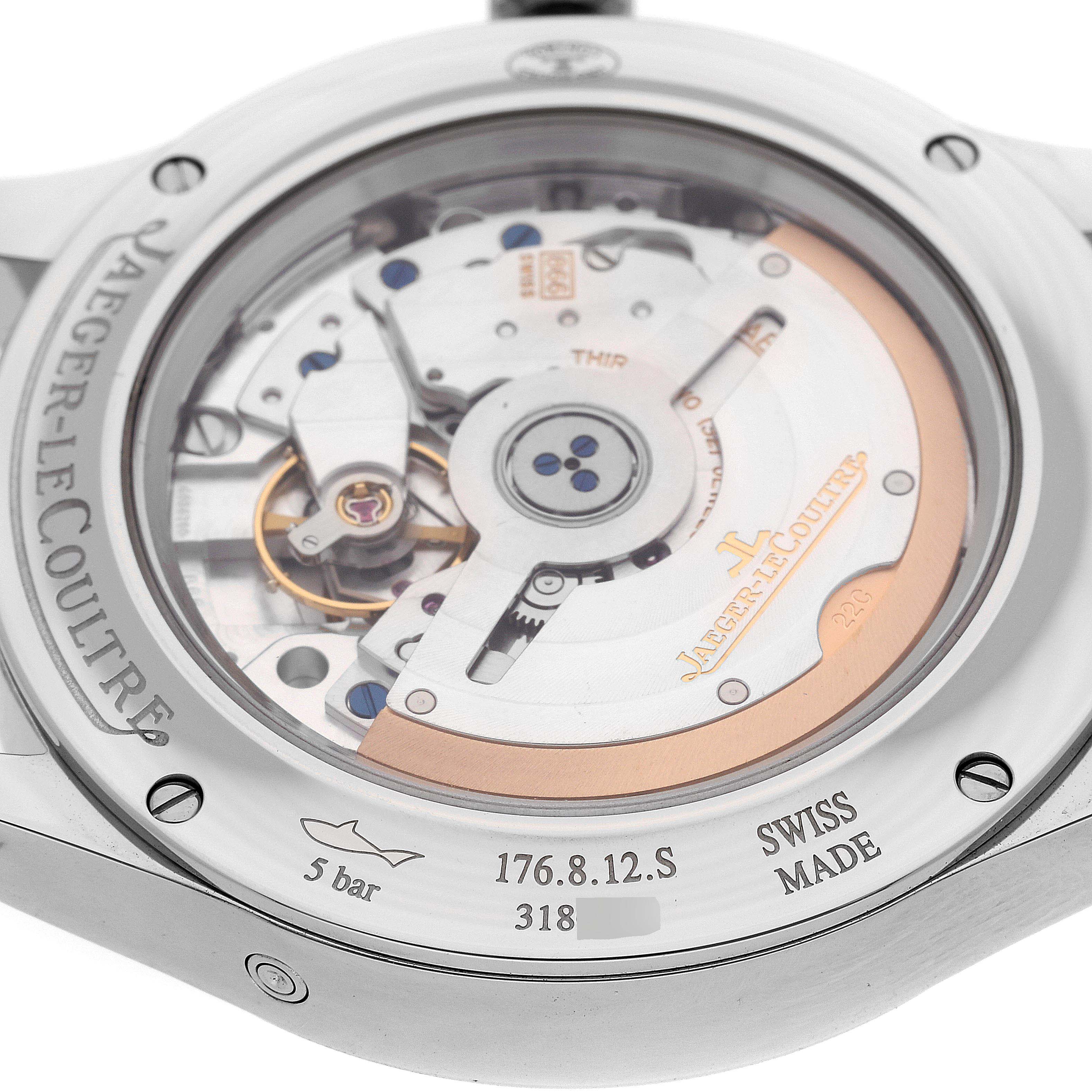 The image shows the back of the Jaeger-LeCoultre Master model watch, highlighting its visible movement and inscriptions.