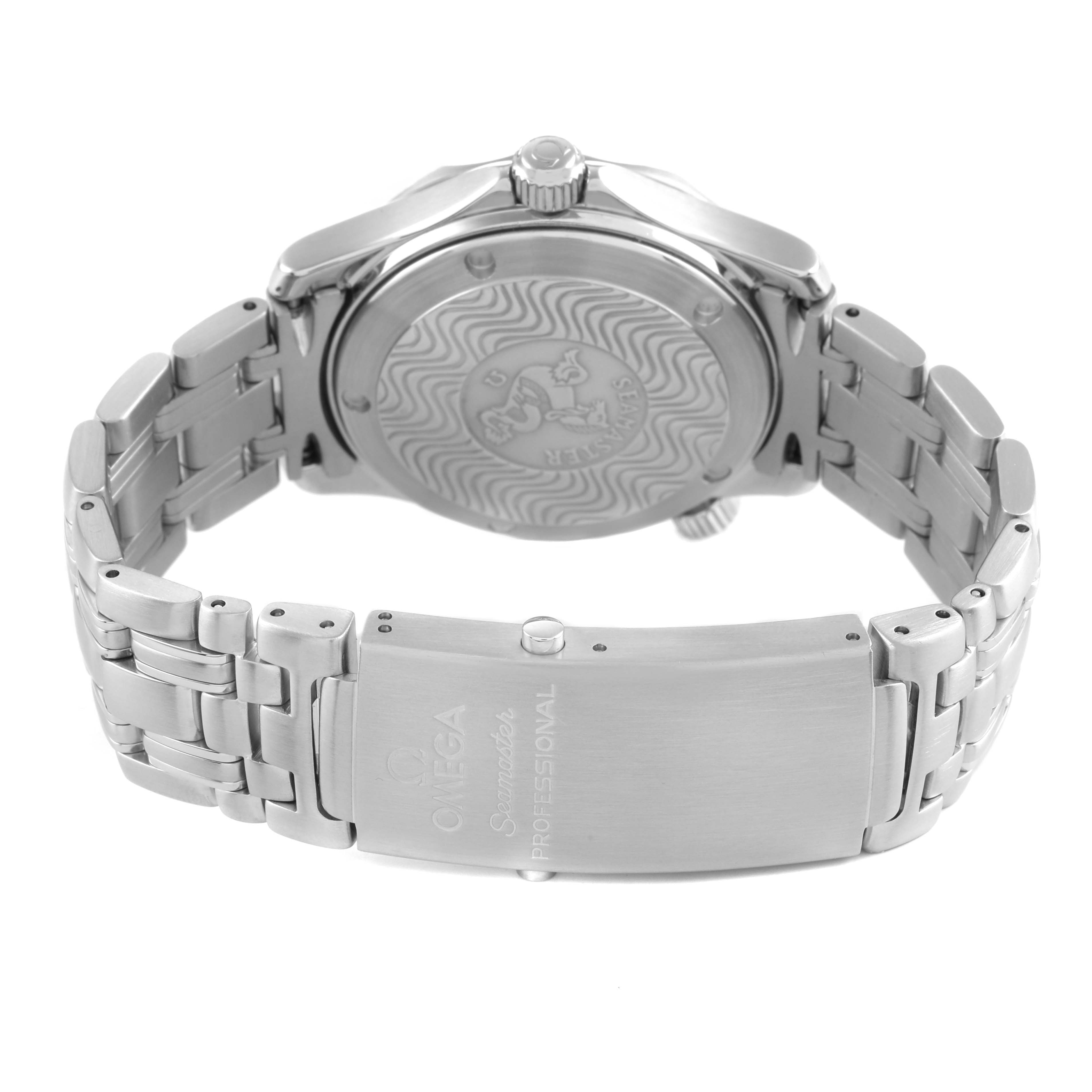 The Omega Seamaster 2551.80.00 Men's Stainless Steel Blue Dial watch is shown from the back, highlighting the case back and metal bracelet with the clasp.