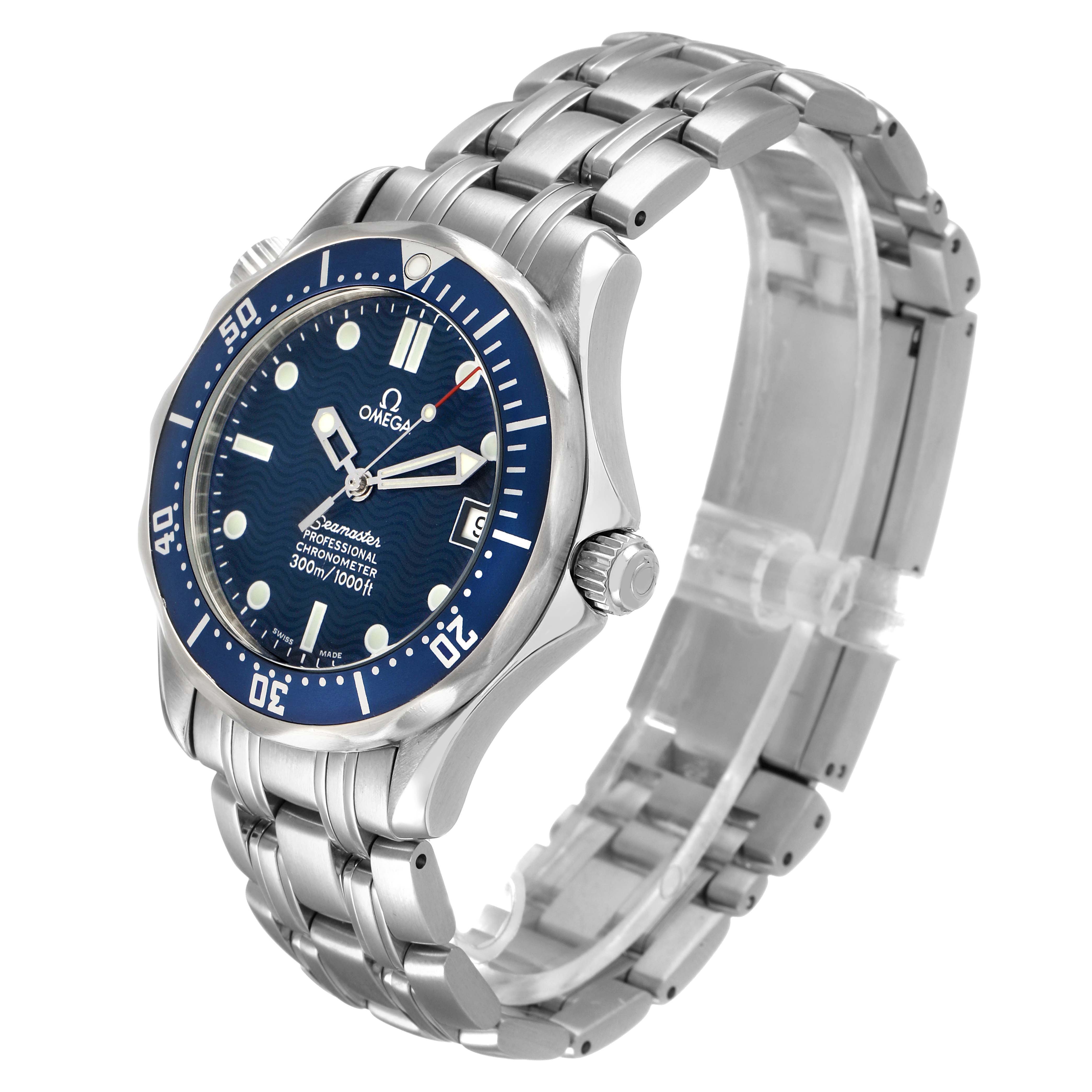 The Omega Seamaster 2551.80.00 Men's Stainless Steel Blue Dial watch is shown at a three-quarter angle, highlighting the face, bezel, crown, and stainless steel bracelet.